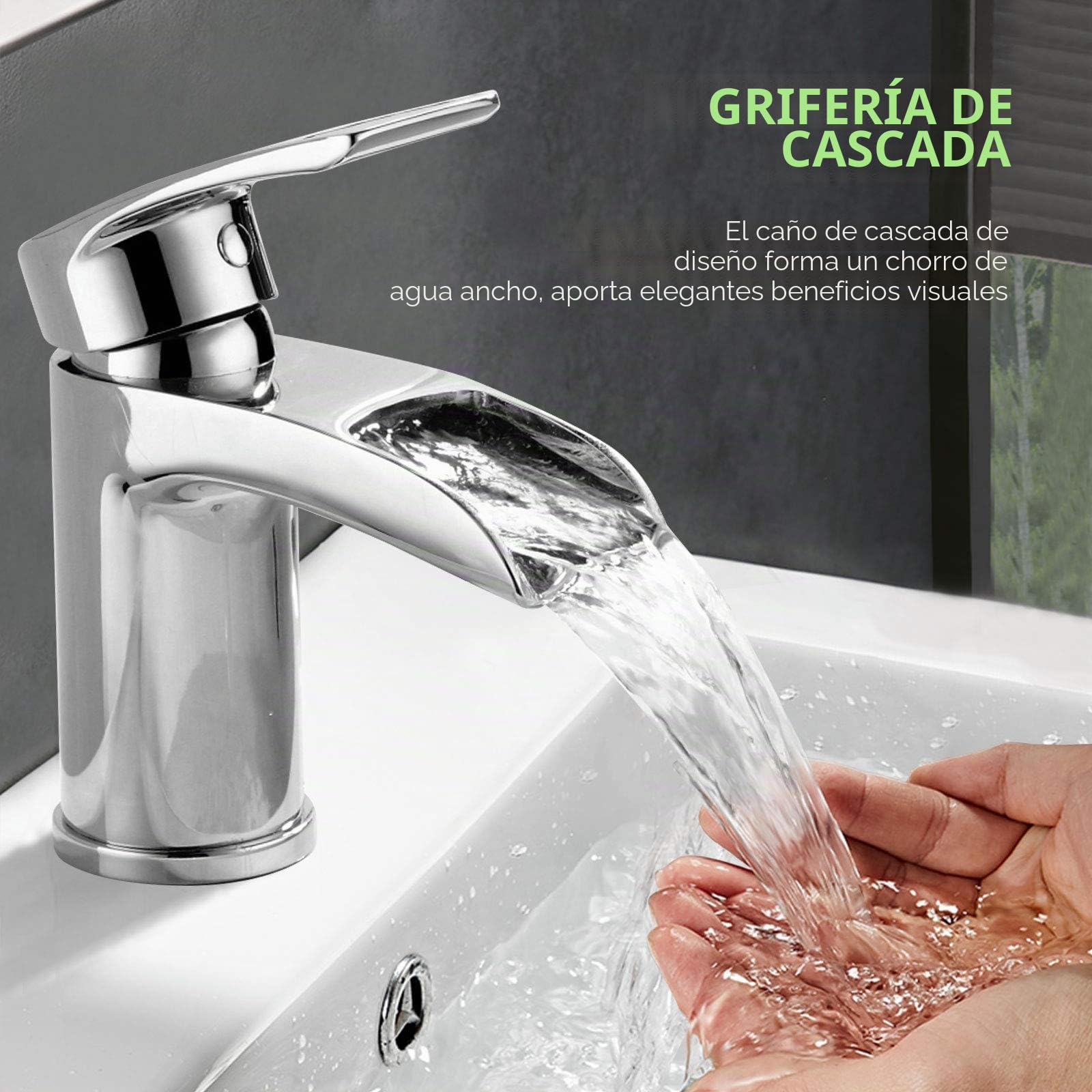 Grifo monomando para lavabo, diseño de cascada, para baño