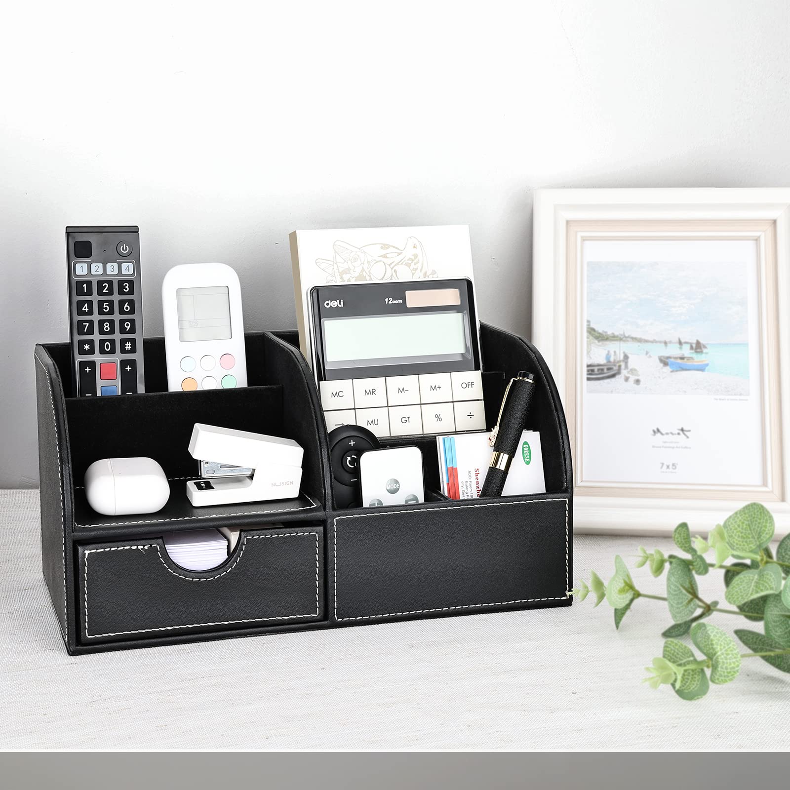 Richblue Schreibtisch Organizer, PU Leder Stiftehalter Schreibtisch, Multifunktionaler Büro Organizer mit Klein Schublade (7 Fächern-Schwarz)