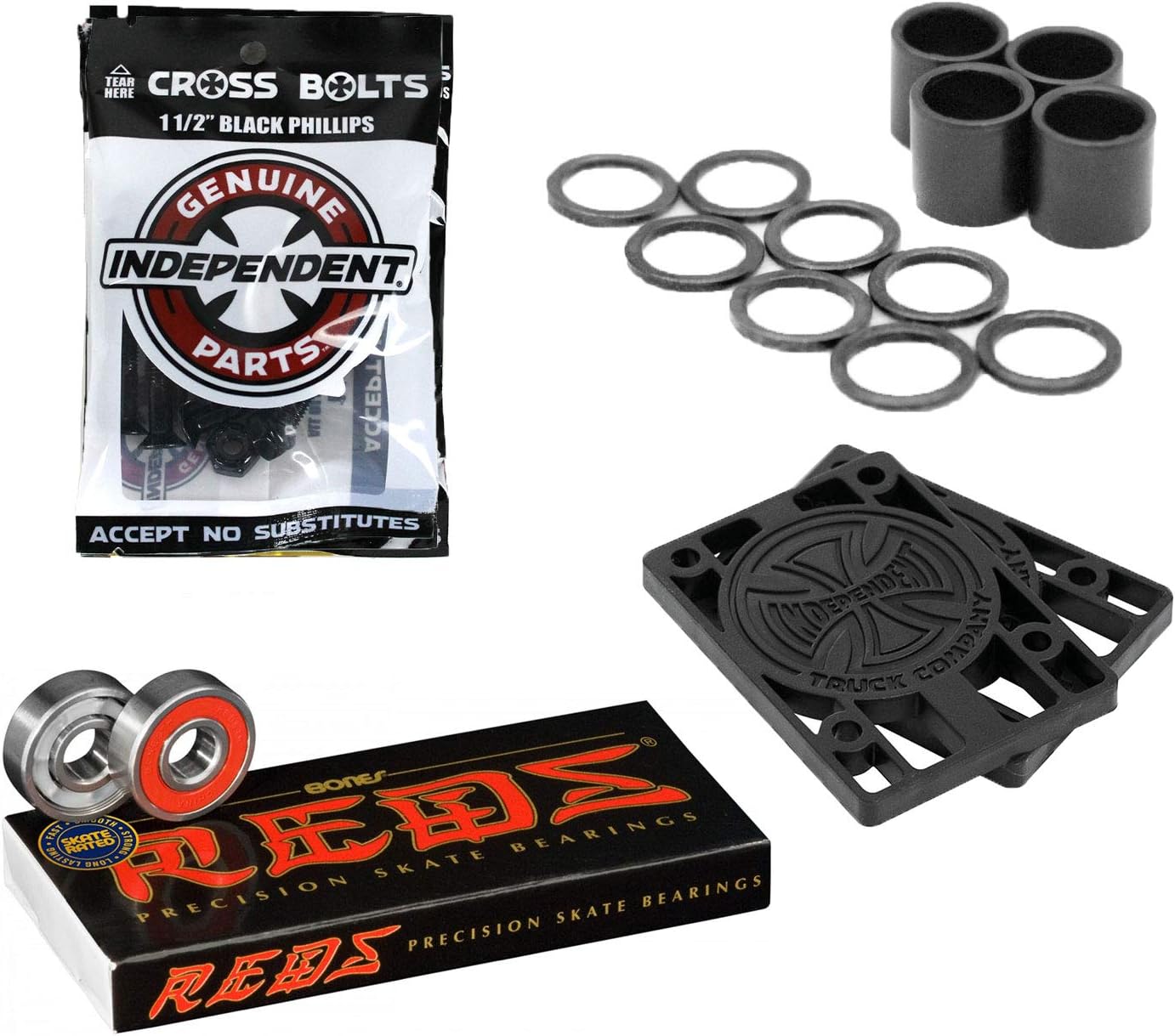 INDEPENDENT Bones Reds Skateboard Bearings with 1/4" Risers and 1.5" Phillips Mounting Hardware