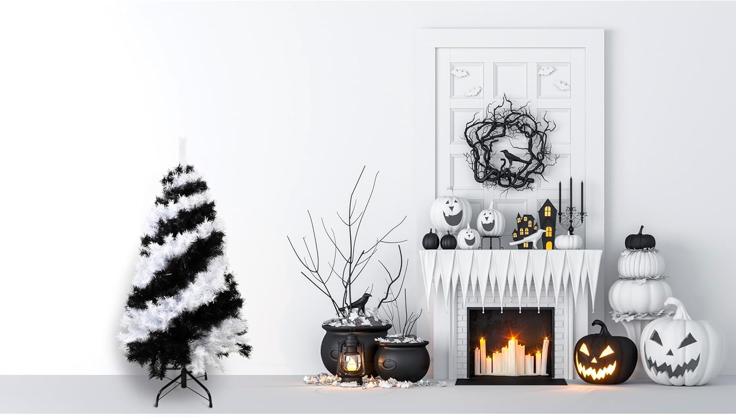 Tree Buddees Black and White Swirl Halloween Tree - Unique Christmas Tree 4 Feet Tall Decoration