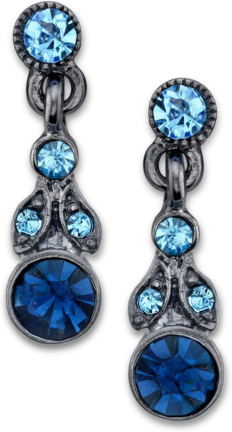 1928 Jewelry Jet Black Light Sapphire & Montana Blue Euro Crystal Drop Earrings