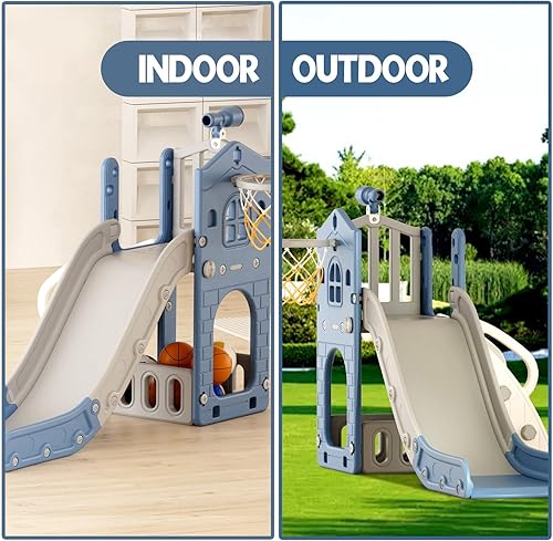 Miniatura 8 de YUFU Tobogán 5 en 1 para niños pequeños, tobogán para niños con escalador, aro de baloncesto y pelota, juego para interiores y exteriores para niños