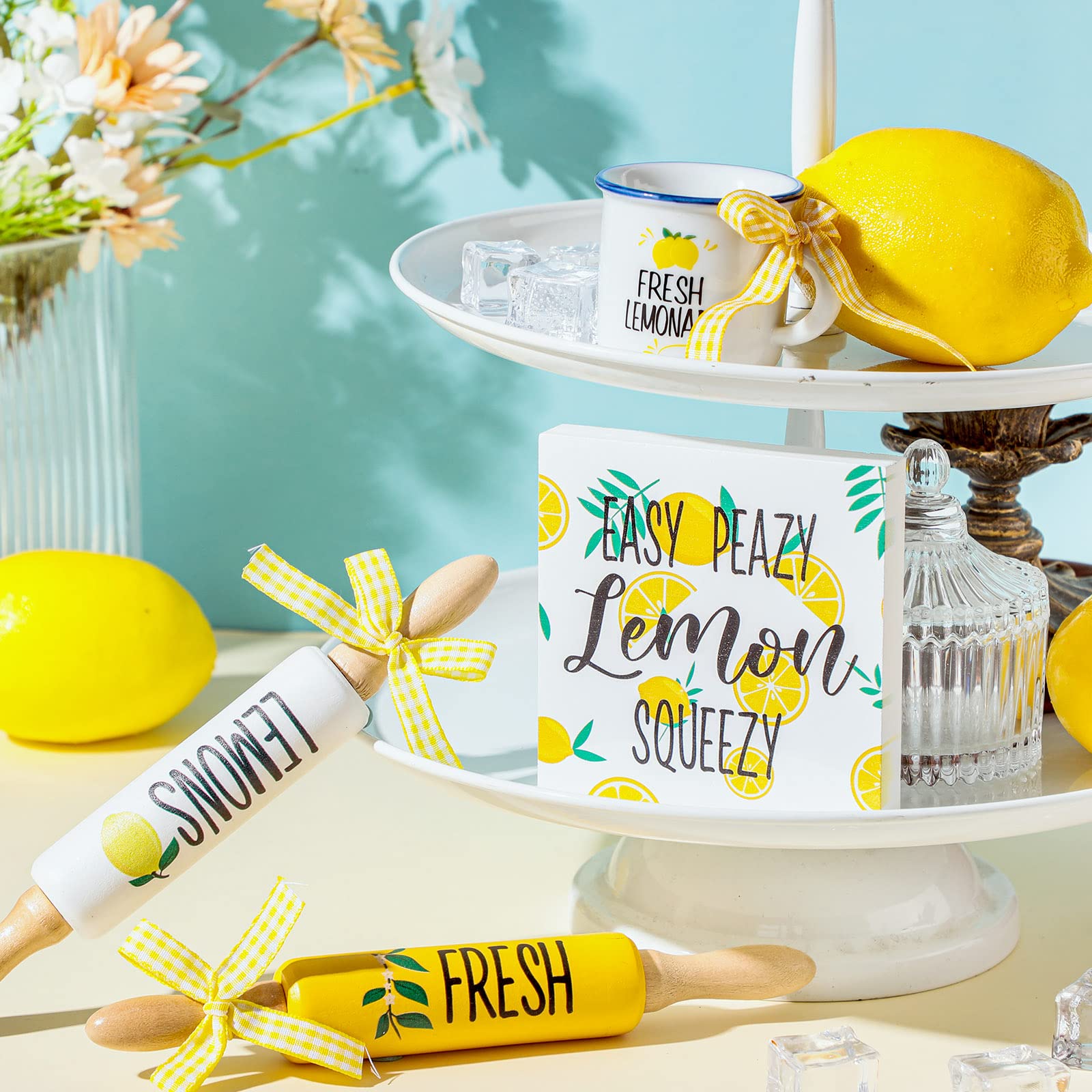 Yousoontic 4-Piece Lemon Table Decor Set - Easy Peasy Lemon Squeezy Wooden Signs For Farmhouse Tiered Trays - View #9