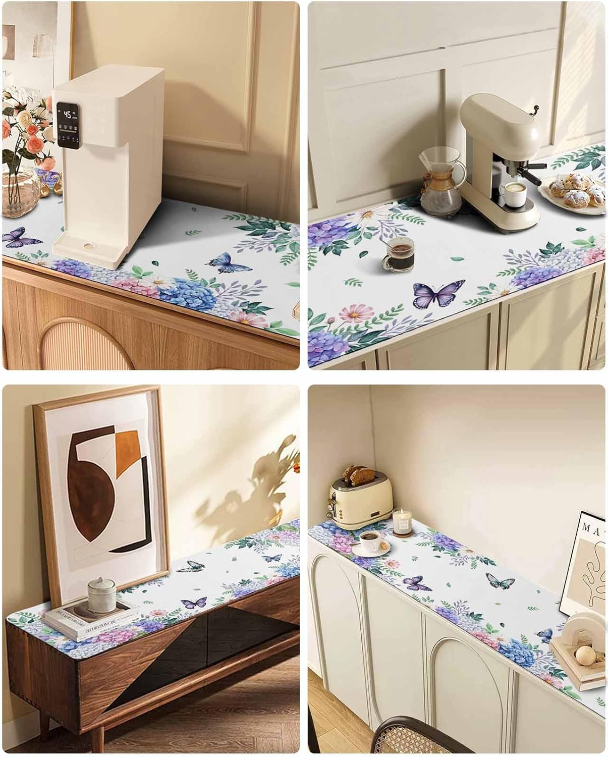 Spring Flowers Heat Table Runner Long, Watercolor Floral Butterflies Botanical Table Countertop Protector Waterproof Non-Slip Decorative Heat Proof Place Mat for Kitchen Dining Room 48"x12"