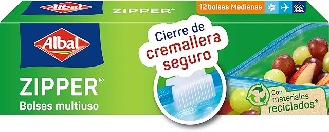 Bolsas multiuso Zipper Albal - Herméticas para congelar alimentos, 12 unidades medianas