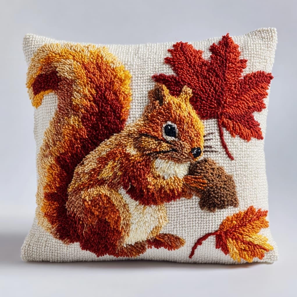 Henypt Latch Hook Cushion Making Set 17x17in,Maple Leaves and Squirrels Beginner Friendly DIY Needlecraft Craft Kit for Adults,Ideal for Sofa & Bedroom