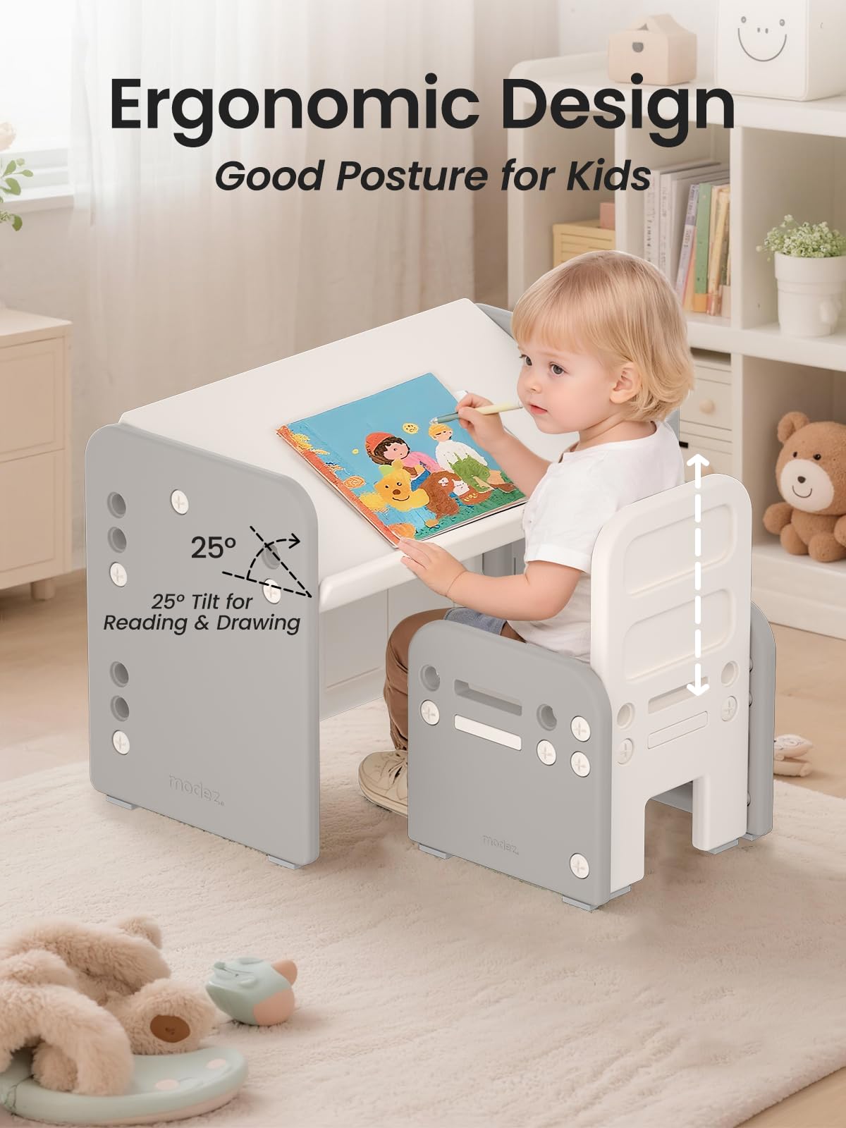 Tavolo per Bambini con Sedia, Set Tavolo e Sedia per Bambini Regolabile in Altezza, Scrivania Trasformabile, Multifunzione per Leggere, Scrivere, Disegnare e Mangiare, Grigio