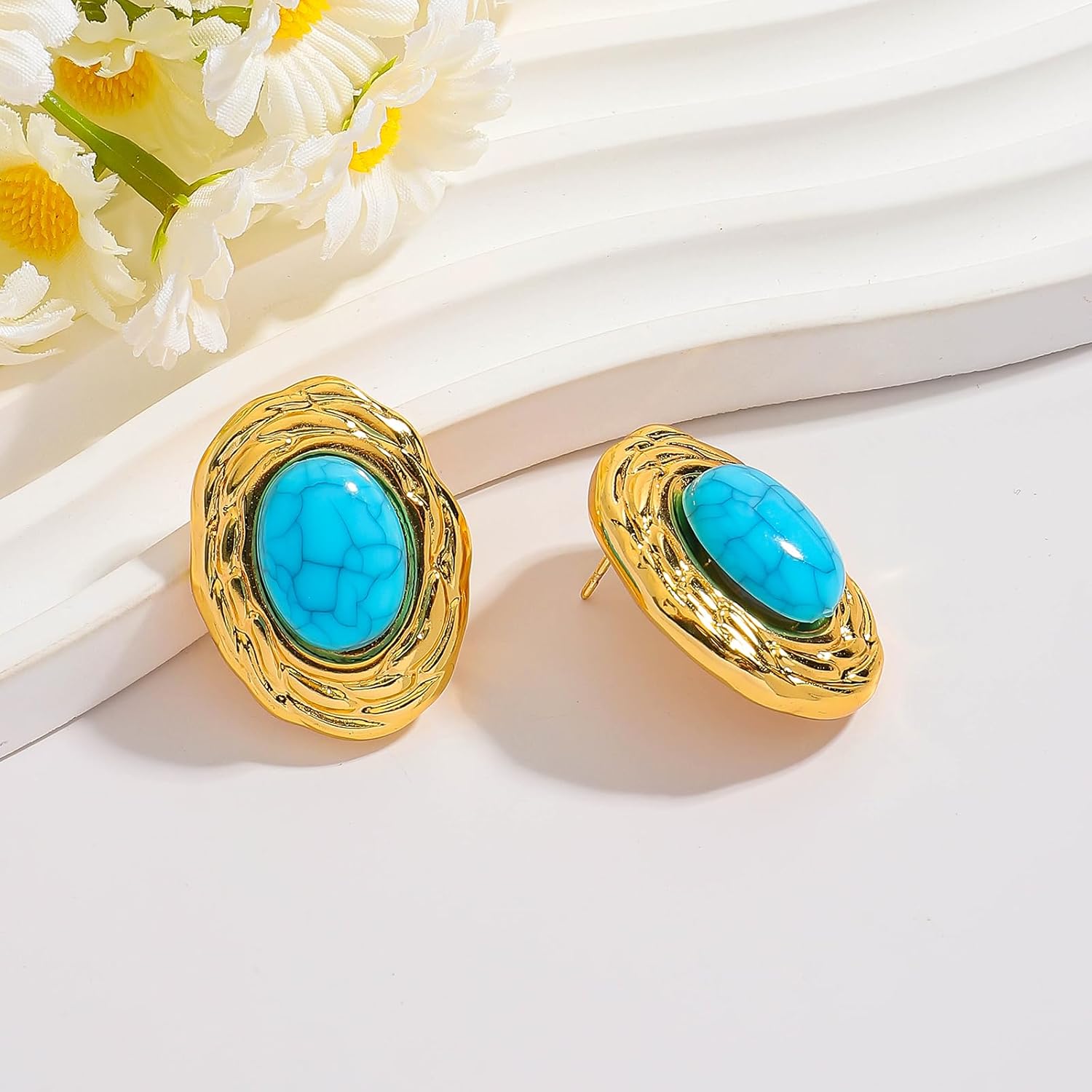 Chunky Gold Oval Turquoise Stud Earrings for Women, Titanium Steel Gold Plated Natural Turquoise Statement Earrings for Party Vintage Jewelry Gifts - Image 8