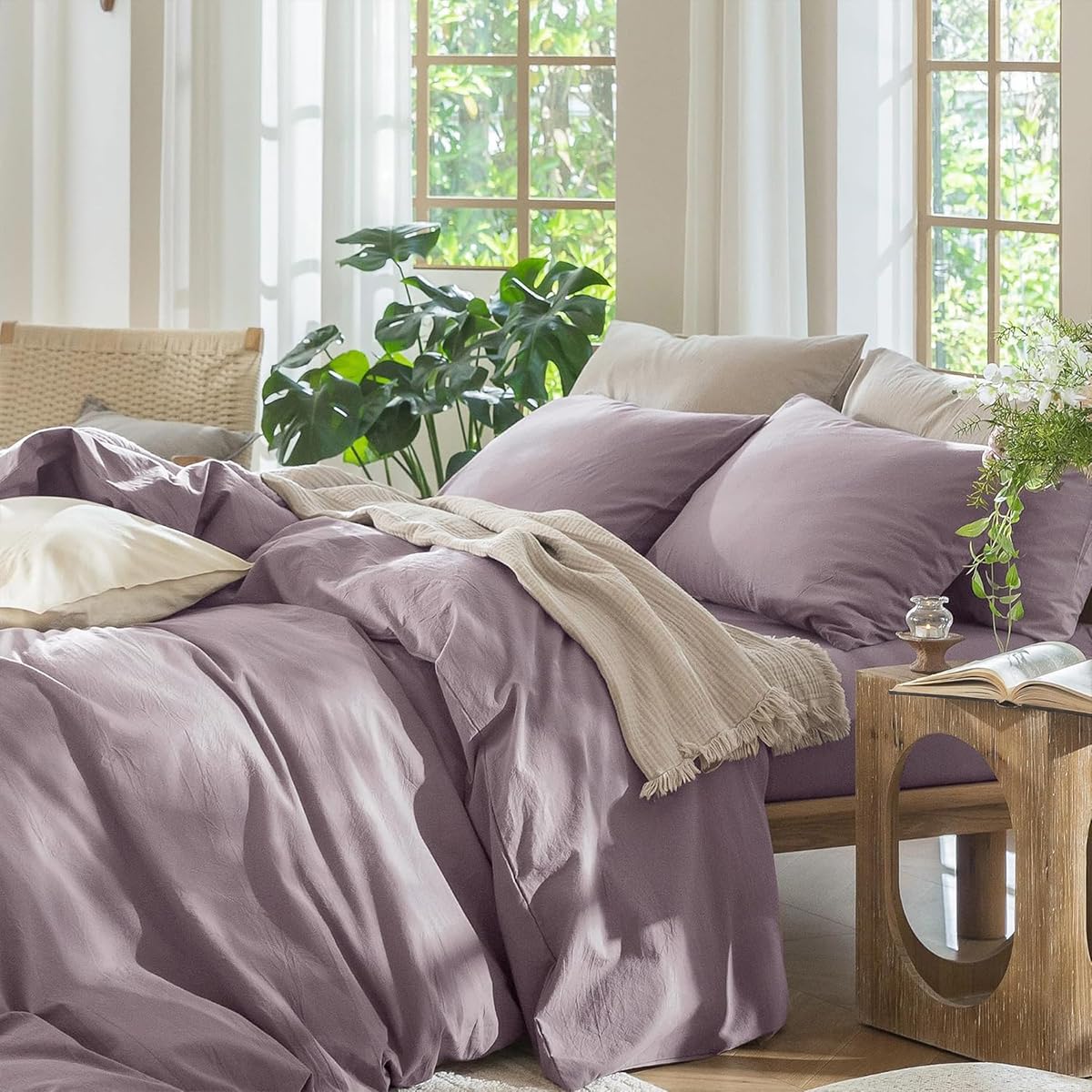 Lanqinglv Pościel 220 x 240 cm, bawełna, zestaw pościeli Taro Purple z motywem Stone Washed, 1 poszwa na kołdrę 220 x 240 cm i 2 poszewki na poduszkę 80 x 80 cm, pościel z zamkiem błyskawicznym
