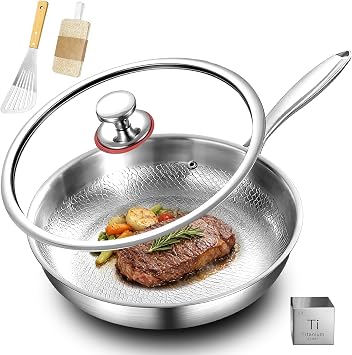 MGahyi 12 Inch Titanium Hammered Stir Frying Pan, Physical Nonstick Scratch-Resistant Wok with Lid, Spatula & Cleaning Cloth, Uncoated Heavy Duty Cookware, Compatible with All Stovetops Silver, 12In