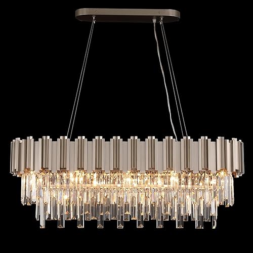 Miniatura 10 de L35.4 Lámpara de araña de cristal lineal moderna de lujo dorado, candelabros rectangulares para comedor, lámpara de techo colgante de gota de lluvia