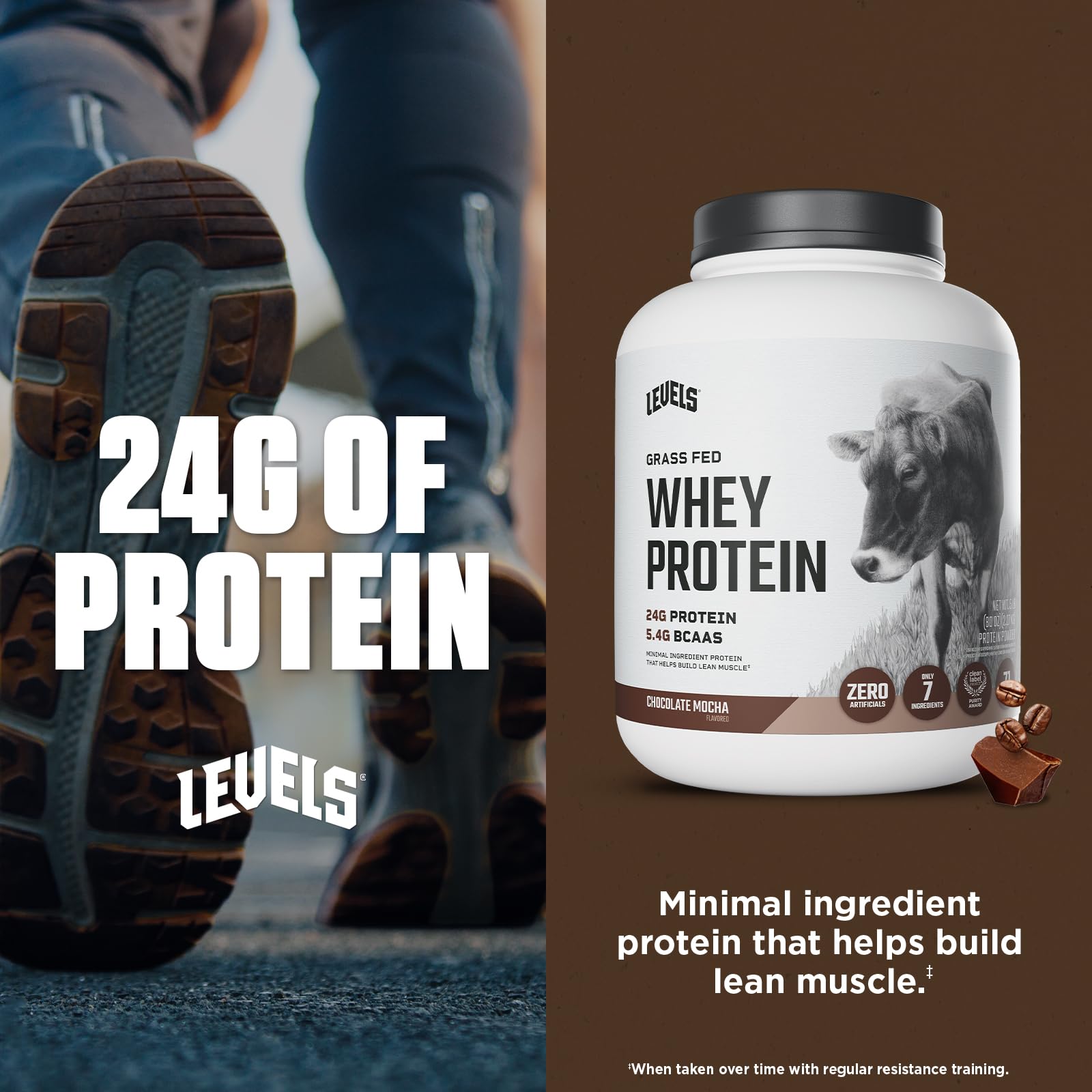 Levels Nutrition Grass Fed 100% Whey Protein, No Hormones, Chocolate Mocha, 5LB