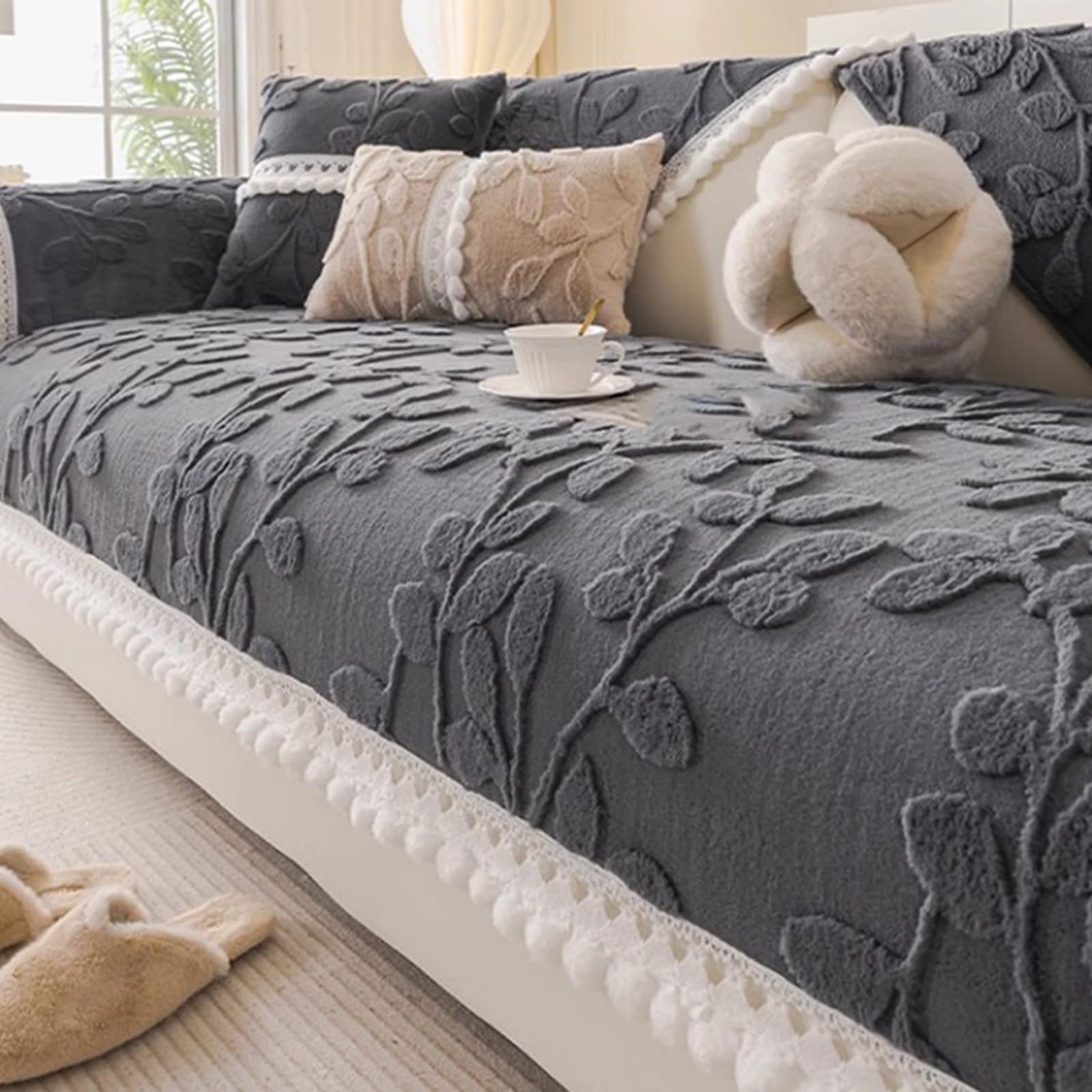 Housse de canapé en peluche lapin dark-gray 110x180cm avec envers antidérapant en silicone