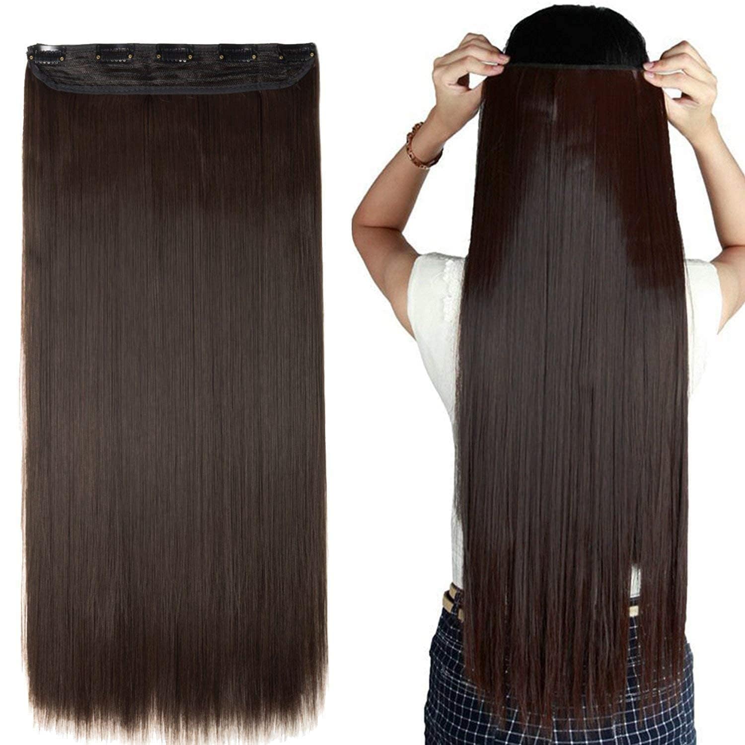 RichCurls 22 Inch Dark Brown Straight Hair Extensions – Clip-In Set with 5 Clips – Synthetic Fiber for Women – Adds Length & Volume – Heat Resistant-image-30