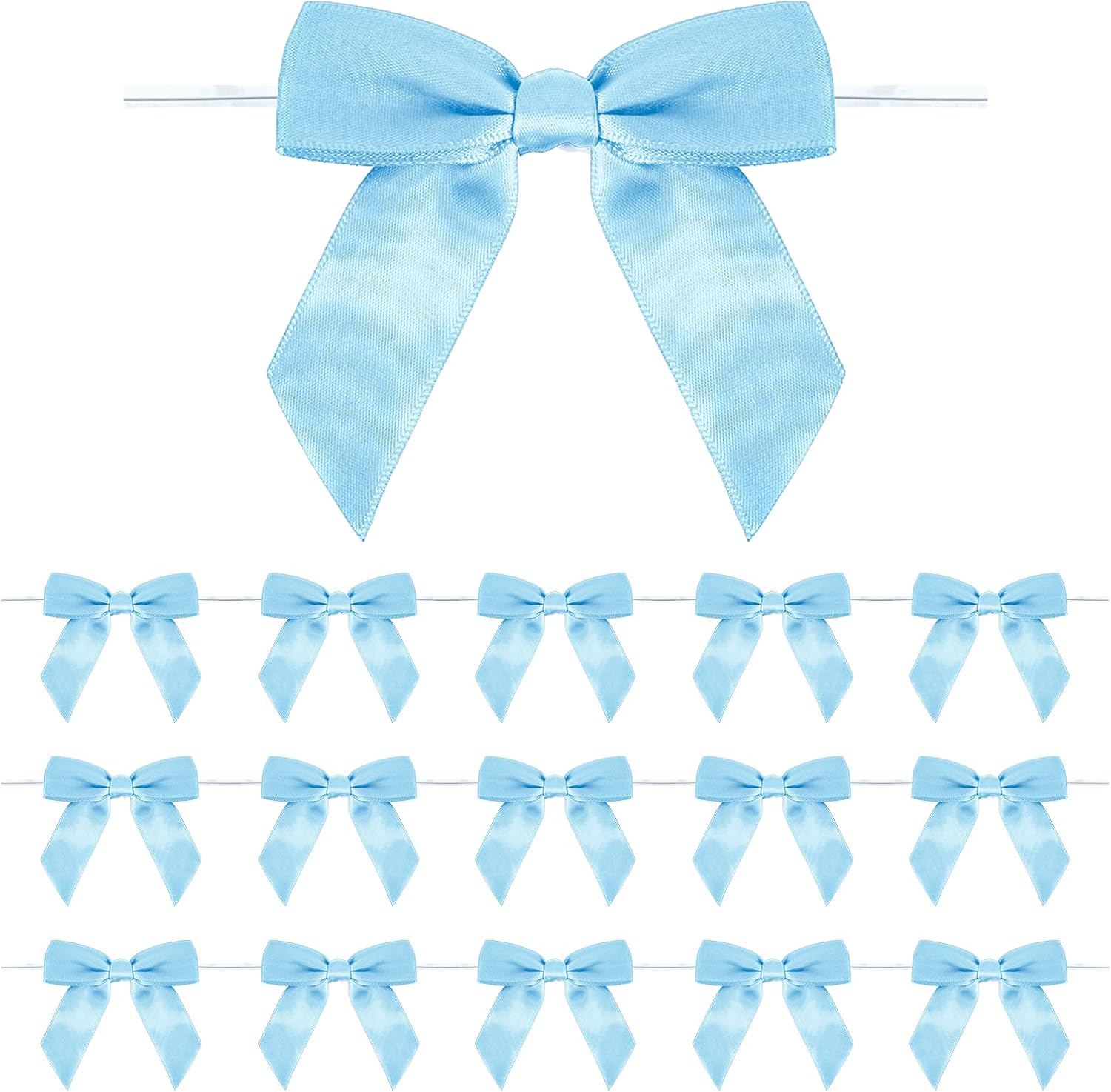 50 Pack Twist Tie Bows, 3.5" Light Blue Bows Satin Ribbon for Cake Pop Bags Baby Shower Gifts Bags Crafts Party Favors Brithday Wedding Christmas Party Decorations