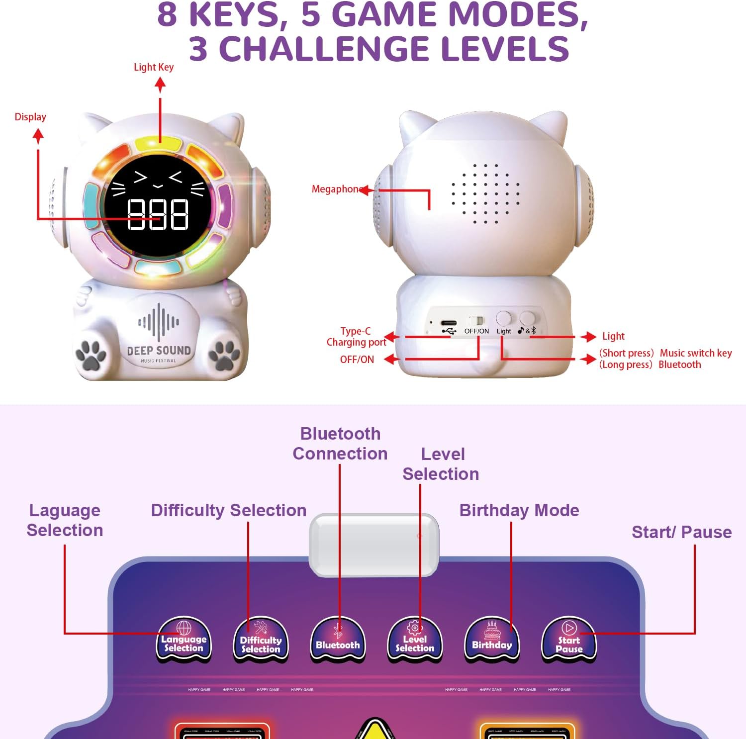 Mostop Dance Mat for Kids - Rechargeable Electronic Dance Pad with 8 Light-Up Keys & Cordless Bluetooth, Dancing Game Mat with 5 Game Modes, Girls Toys Music Games for Kids Ages 3-12 - Image 6