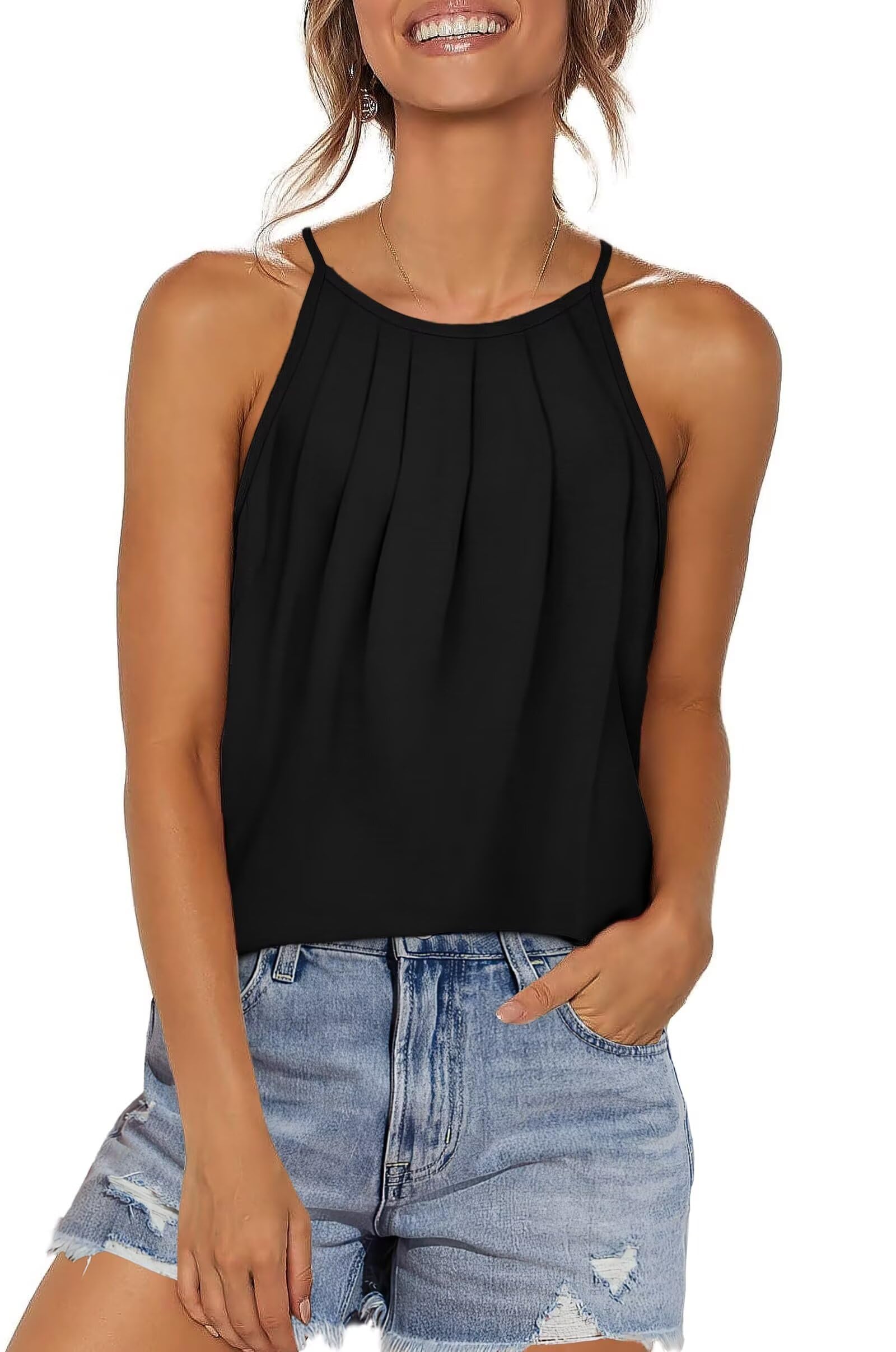 WIHOLL Womens Tank Tops Pleated Summer Sleeveless Ladies Tops Dressy Curved Hem Spaghetti Strap Camisole Trendy 2025