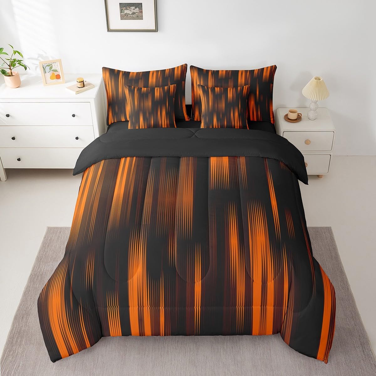 Feelyou Ombre Orange Black Bedding Set Queen Size Geometric Reversible 7 Piece Bedding Set, for Kids Modern Striped Art Bed in a Bag with Comforter, Sheets, Pillowcases Teens Ultra Soft Decor Abstract