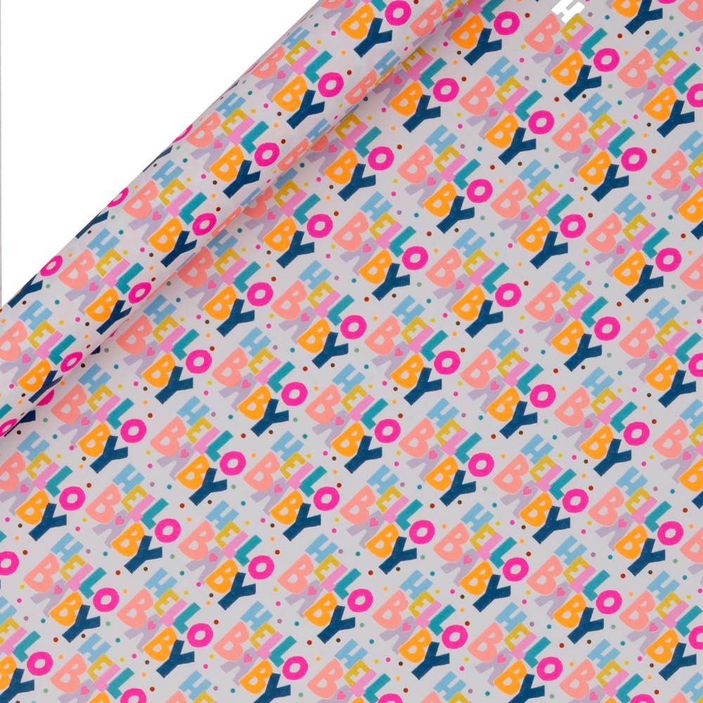 Glick - Hello Baby Text Wrapping Paper Roll, for Celebrating the Birth of a New Baby, Gift Wrapping, Arts & Crafts, 4 metres x 70 cm, Multi-Coloured