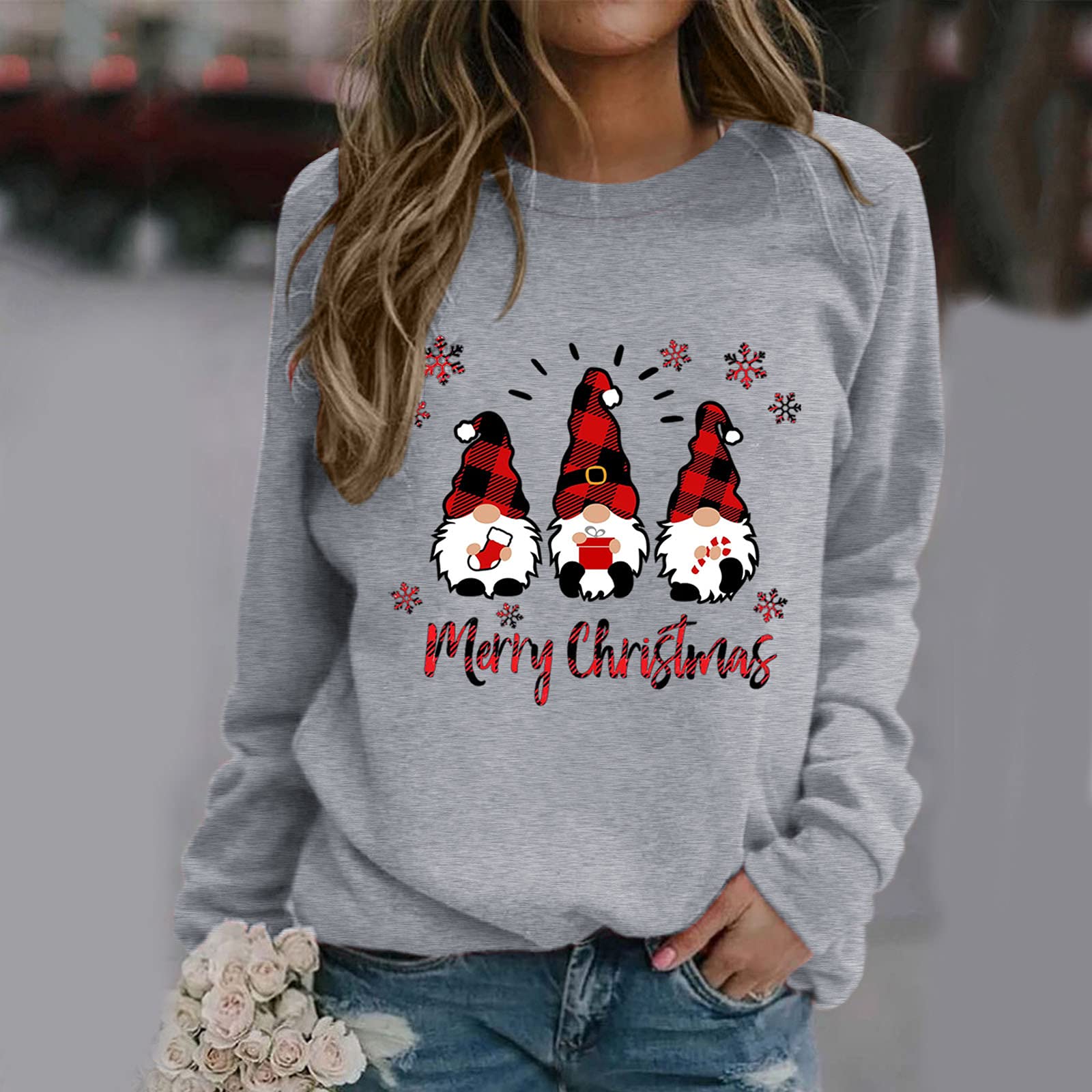 Famzuneu Weihnachtspullover Damen Wichtel Lustig Weihnachten Pullover Rundhals Schön Weihnachts Sweatshirt Ugly Winter Langarmshirt Große Größen Weihnachtspulli