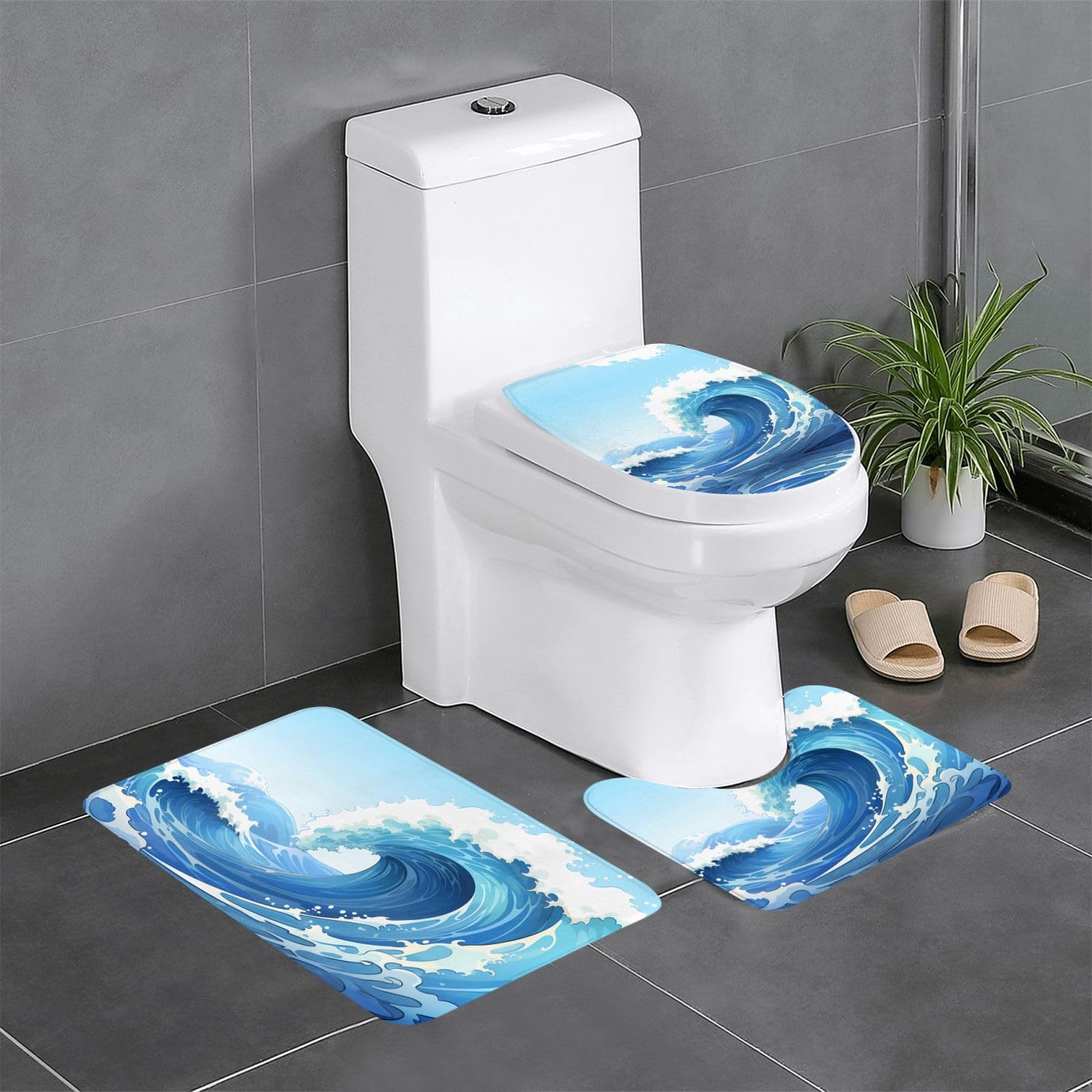Tapis de bain en vagues océan ensemble antidérapant triple pour WC et coiffeuse