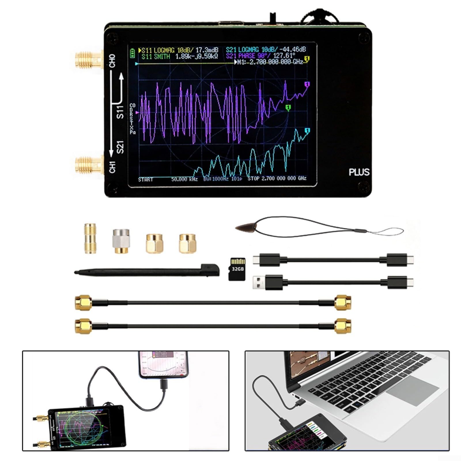 KiraKira Vector Network Analyzer 50 kHz – do 2,7 GHz, przenośny ręczny tester anteny VNA HF VHF UHF, do wyświetlacza 2,8 cala, 1000 mAh, zestaw złączy (bez karty pamięci)