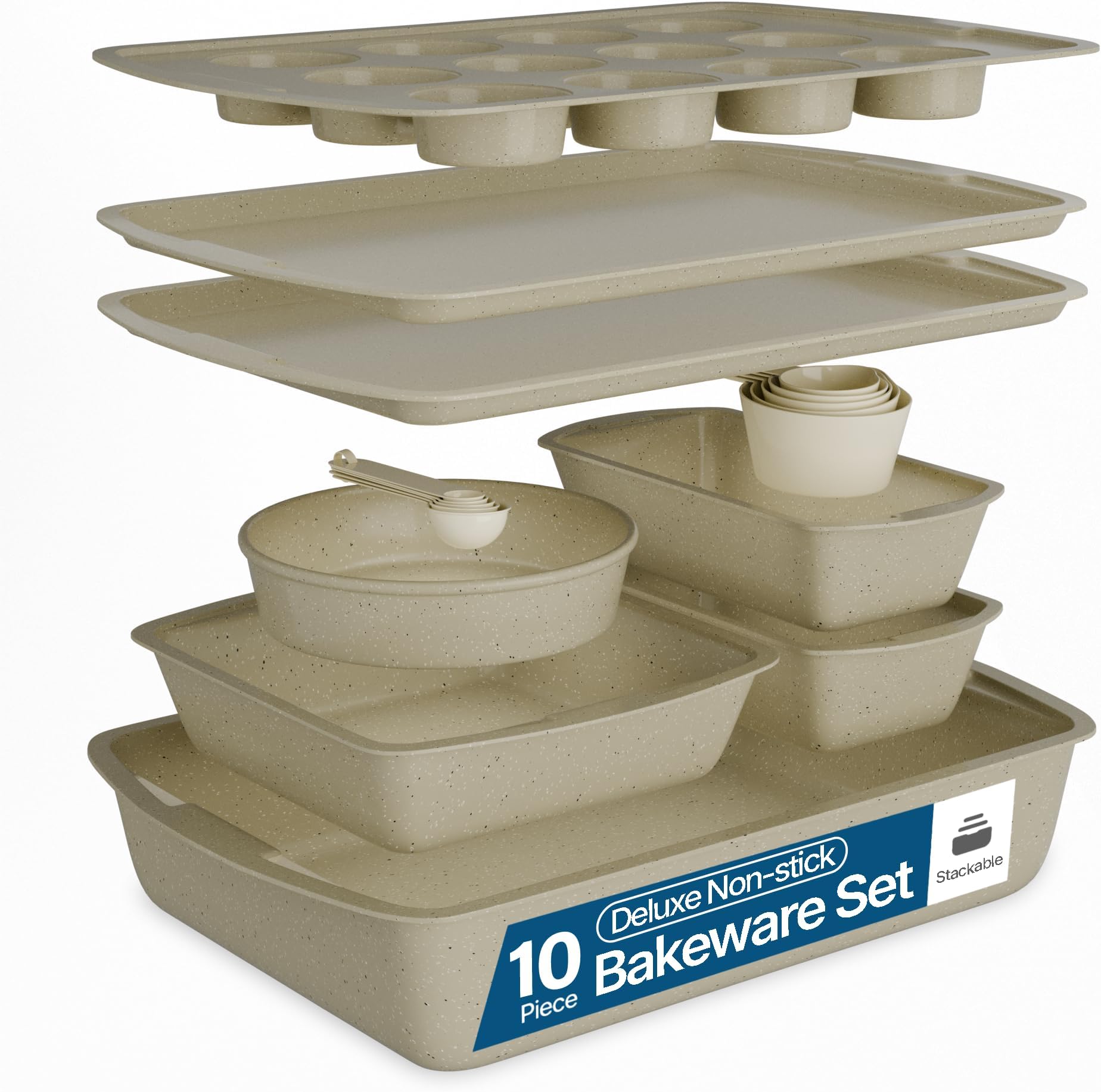 White Marble 10-Piece Bakeware Sets, Nonstick Carbon Steel Baking Sheet & Pans, Stackable Space-Saving Bakeware, Dishwasher Safe, Stain-resistant, PFOAPFOSPTFE Free, Oven Safe Up To 450°F (230°C)
