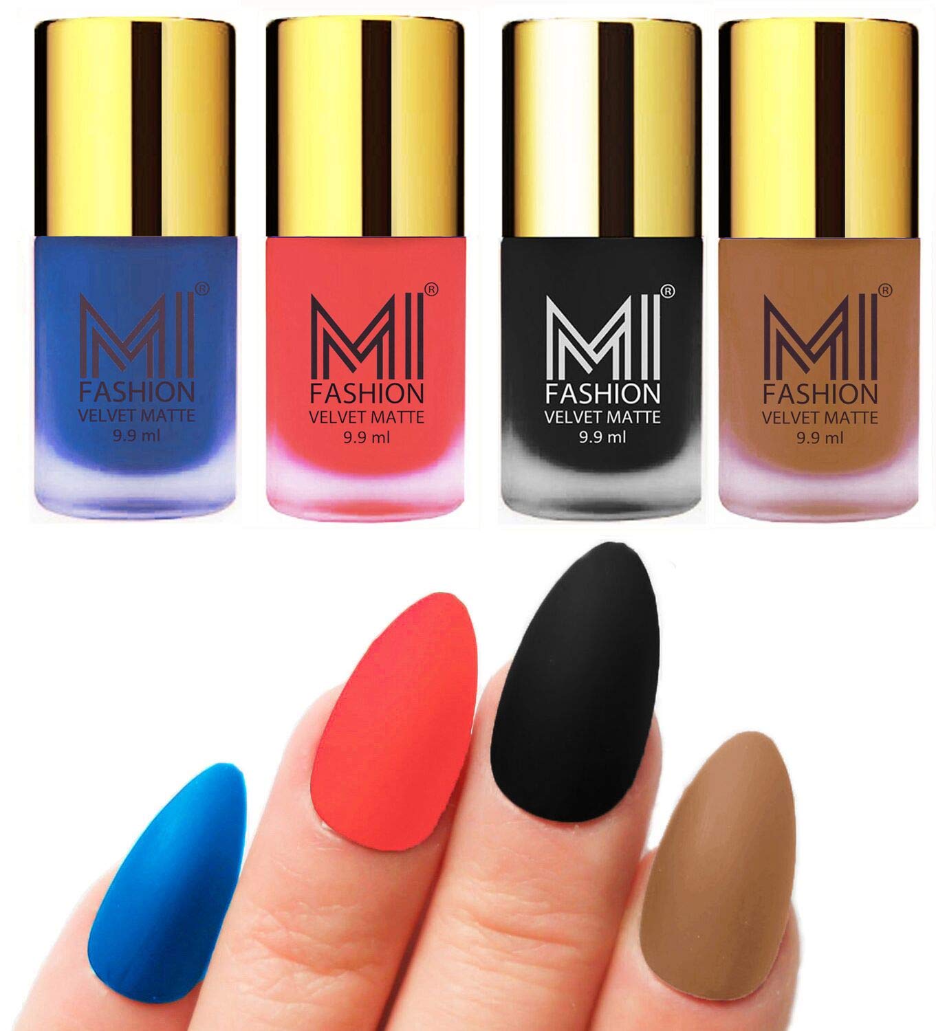 MI FASHION Velvet High Finish Matte Nail Polish Combo Set Radiant Nails 9.9ml Each Navy Blue, Neon Orange, Black, Dark Nude (Pack Of-4)-image-2