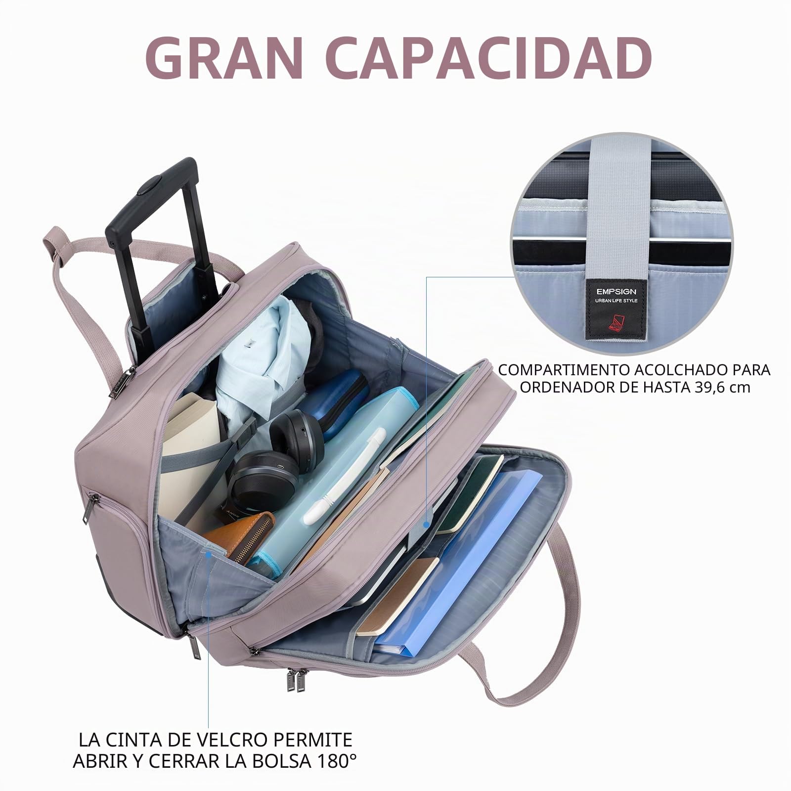 EMPSIGN Bolsa Rodante para Portátil para Mujer con Ruedas 15.6 Pulgadas sobre Ruedas, Bolsa de Computadora con Ruedas Repelente al Agua Durante la Noche con Bolsillos RFID, Rosa