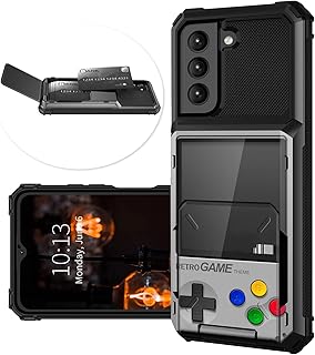 for Samsung Galaxy S21 FE Wallet Case 5-Card Flip Cover Credit Card Holder Dual Layer Heavy Duty Shockproof TPU Protective Case for Samsung S21 FE, Retro Game Console Print