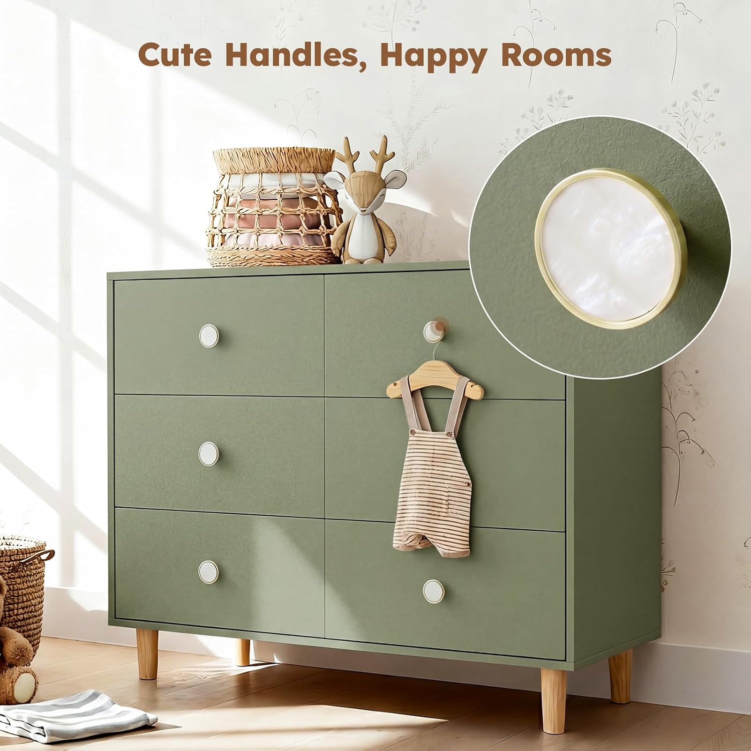 Baby Dresser for Bedroom, Modern 6 Drawer Dresser for Nursery, Kids Dresser with Solid Wood Legs, Large Closet Dresser for Clothes, Chest of Drawers, Green