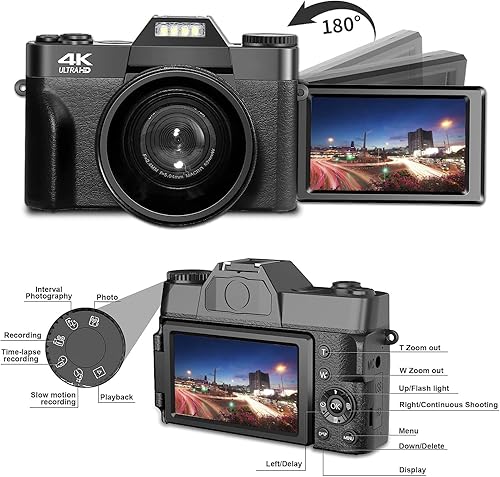 Miniatura 2 de eDealz Kit de cámara digital 4K 48MP para fotografía, vlogging para YouTube con pantalla abatible, WiFi, lente gran angular, filtros, 2 tarjetas