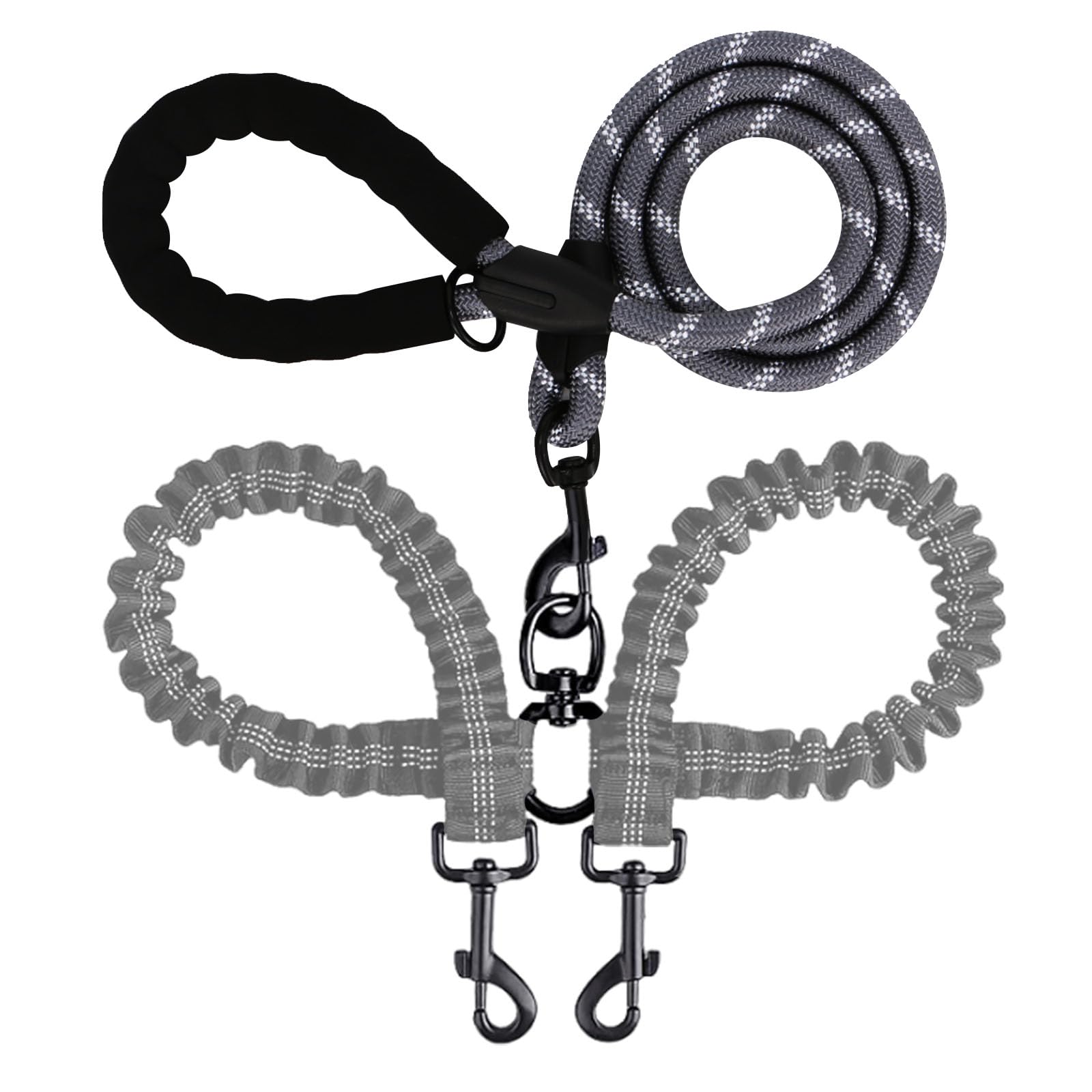 BAOBOTE Double Dog Leash,Dual Dog Leash with Shock Absorbing Bungee Reflective for Two Dogs 360 Swivel No Tangle(Grey)