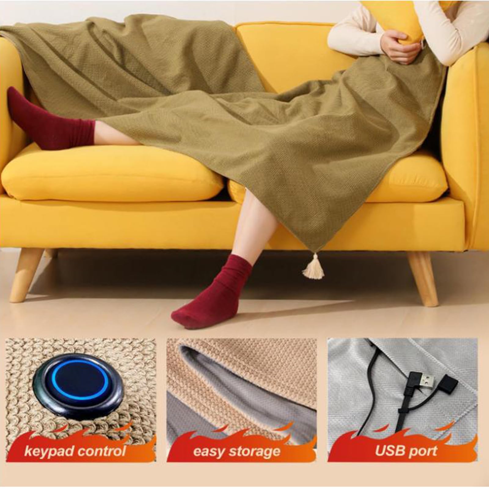 Mantón De Manta Calefactable Portátil, USB Chal Calefactor Eléctrico Manta Eléctrica Inalámbrica para Exteriores 3 Niveles De Calor Poncho Chal Calentado, 150x80cm (Green)