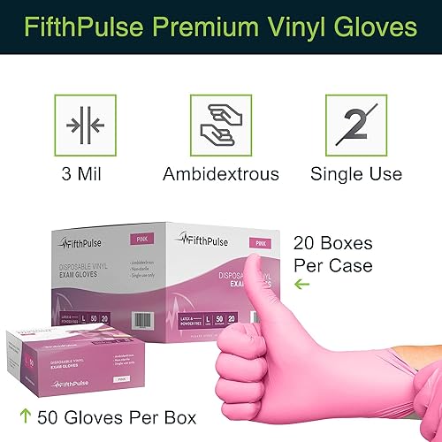 Miniatura 6 de FifthPulse - Guantes desechables de vinilo color rosa 50 unidades sin látex sin polvo guantes quirúrgicos para limpieza y alimentos 3 milímetros de