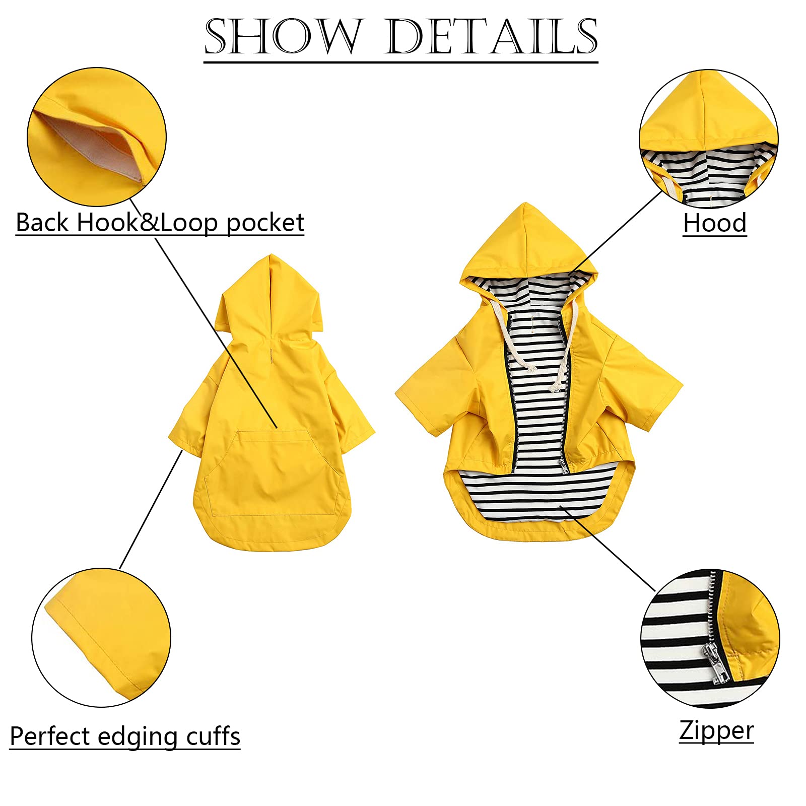 Pethiy-Capuche Manteaux imperméables pour Chiens, Chien Manteau de Pluie avec Fermeture éclair e Poches, Imperméable vêtements de Chien avec Cordon réglable,pour Chiot Petite Moyenne Chien-Jaune-S