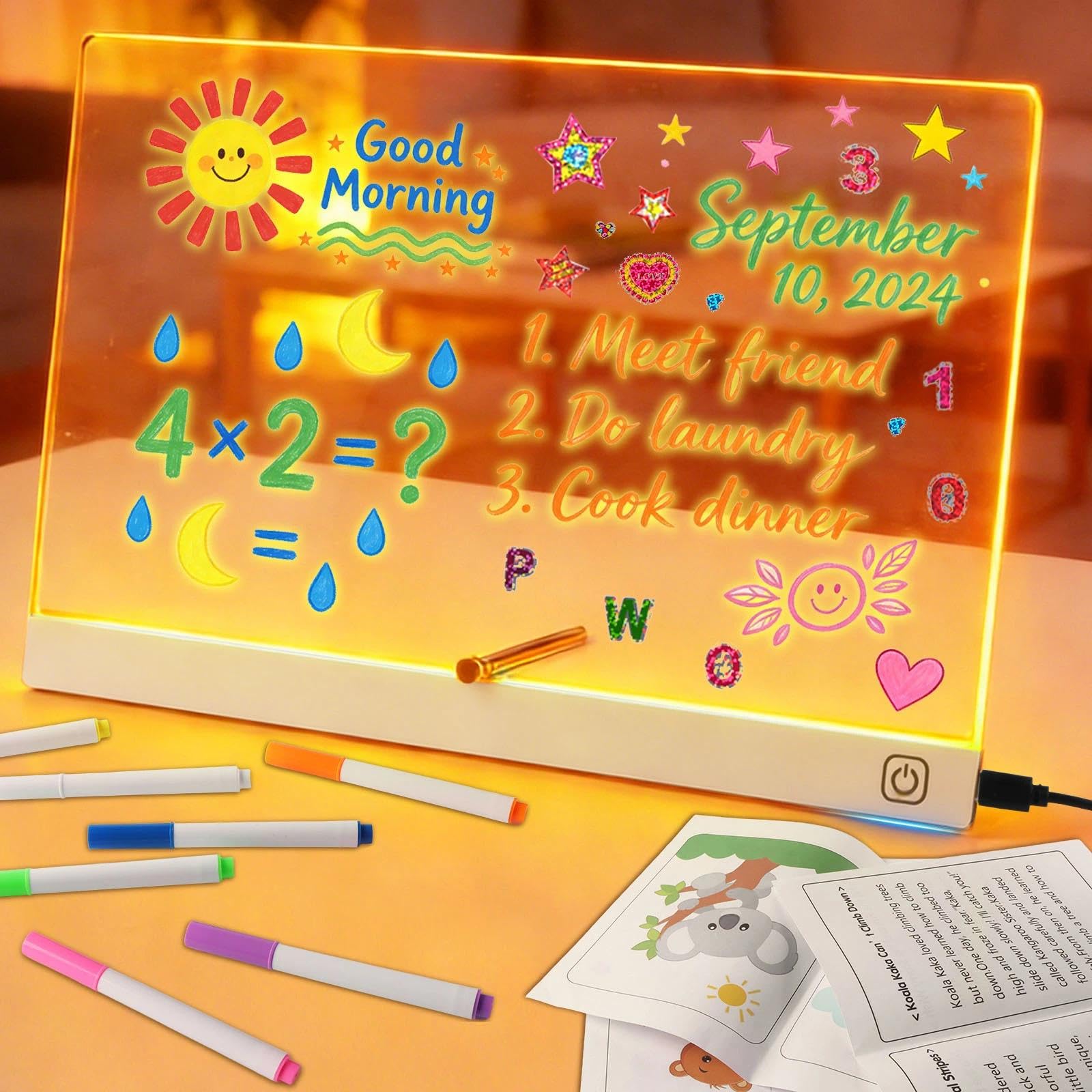 BlueXP LED Drawing Board Doodle Glow Pad with 7 Color Pens Acrylic Light Up Drawing Board Kids Reusable Message Note Creative Tracing Lamp Home School Gift White — image 1