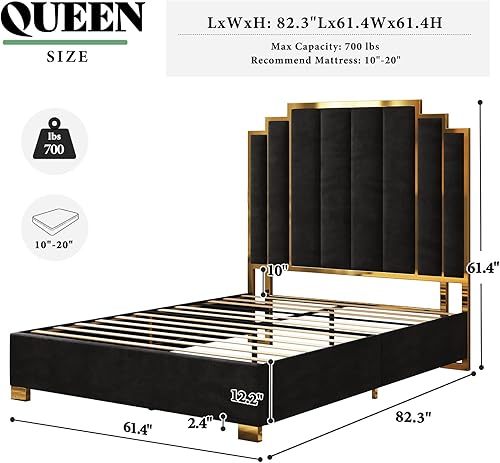 Miniatura 2 de AMERLIFE Cama tapizada tamaño Queen, marco de cama de terciopelo moderno con cabecera de ribete dorado de 61.4 pulgadas de alto, no necesita somier,