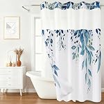 No Hook 3 in 1 Shower Curtain with Snap in Liner, Watercolor Blue Beige Flower Shower Curtain Set for Bathroom, Machine Washable Waterproof Polyester Fabric Curtain, 71Wx74H