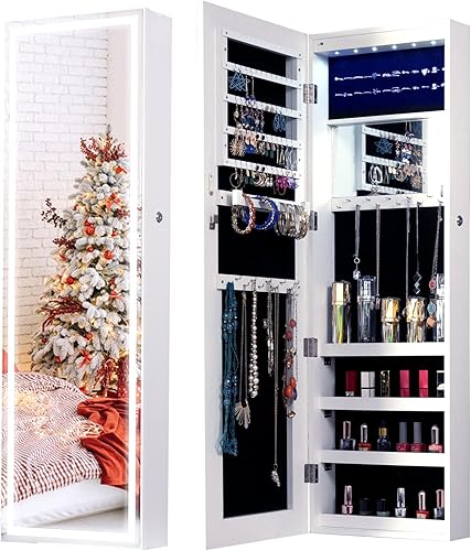 KEDLAN Organizador de joyas, espejo iluminado de longitud completa con armario de joyería, joyero LED montado en la paredpuerta para mujeres,