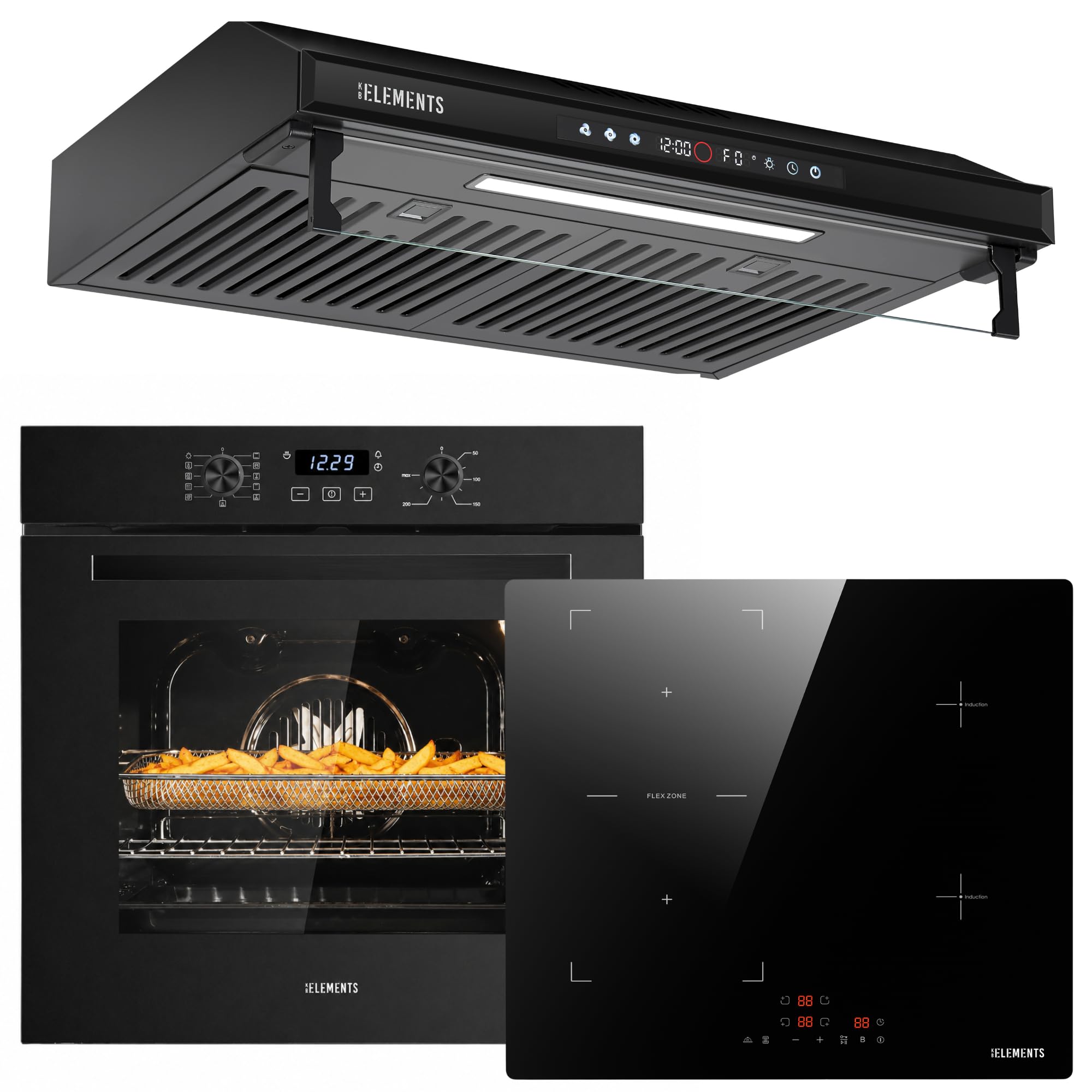 Autarkes Herdset | 60cm Einbaubackofen | 59cm Induktionskochfeld 7200 Watt | Unterbauhaube 60 cm | 2 Flexzonen | Timer | Kindersicherung | Grill | Heißluft | AQUA CLEAN