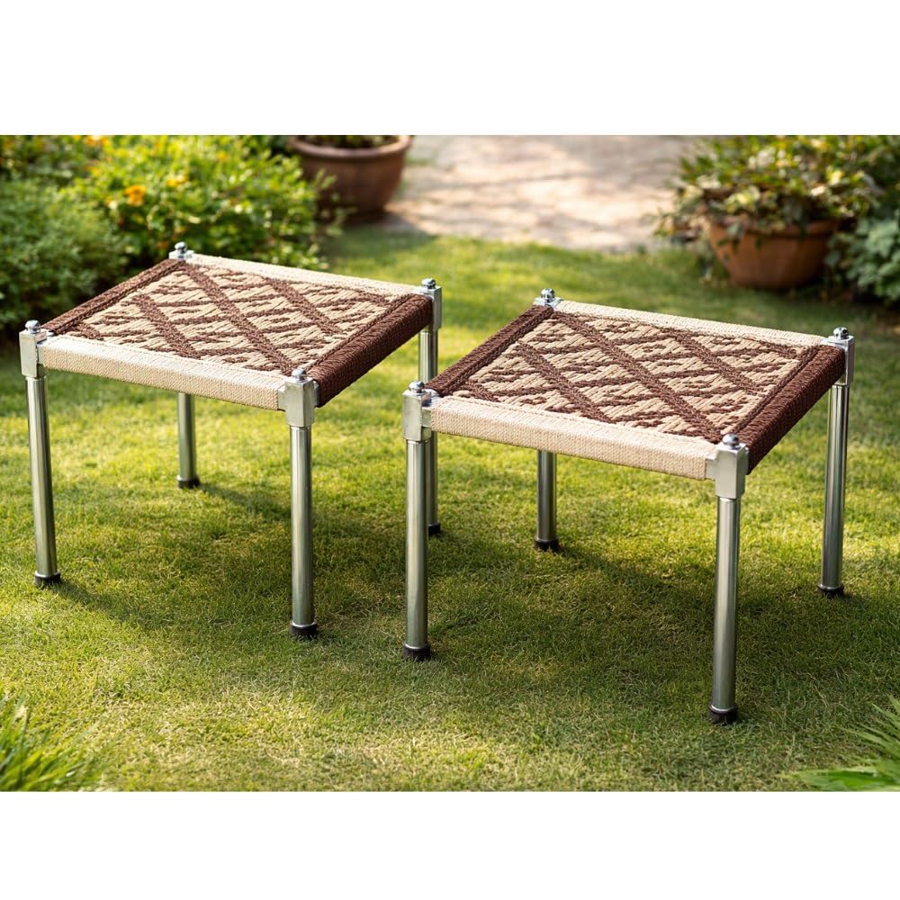 Barretden Handwoven Rope Charpai Stool for Home and Outdoor Use with Metal Legs Traditional Low Height Seating for Living Room Balcony Patio and Multipurpose Daily Sitting Needs - Cream & Brown 4