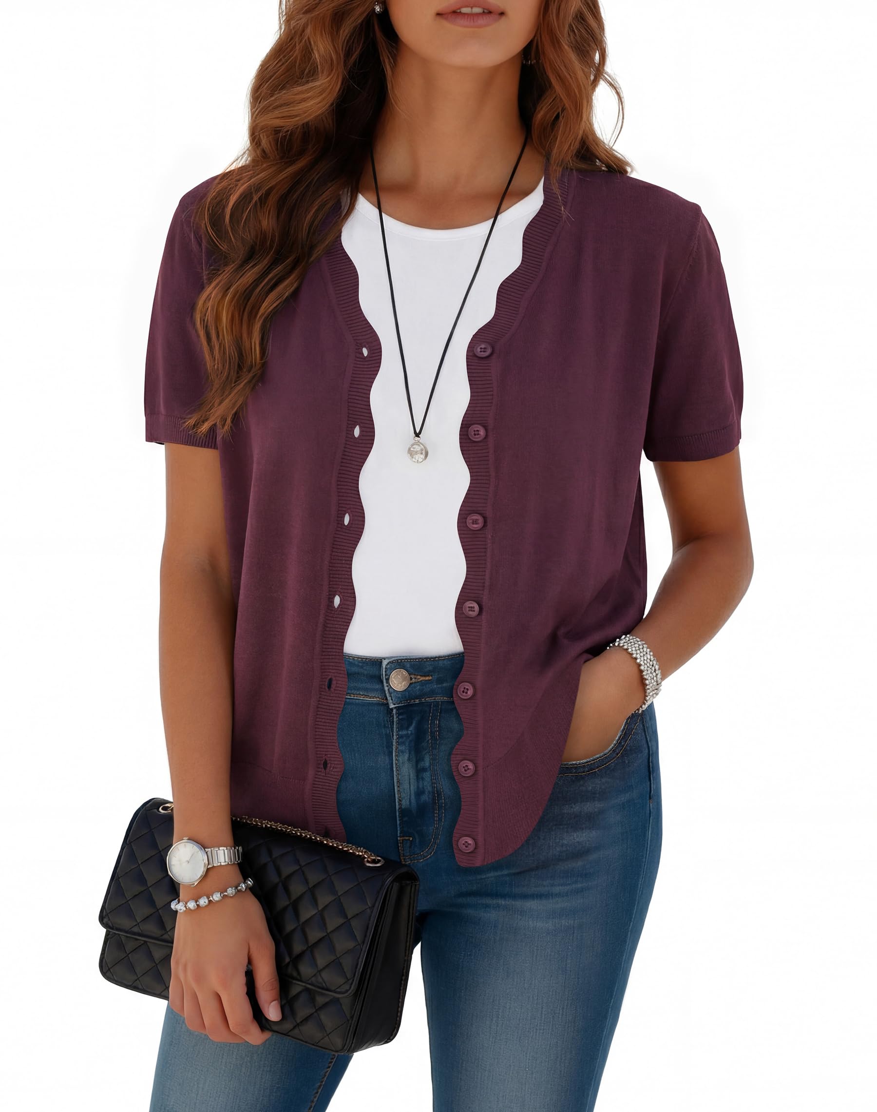 Yommay Chaqueta de punto para mujer, elegante, única, ola, verano, manga corta, ligera, suave, cuello en V, suéter para mujer