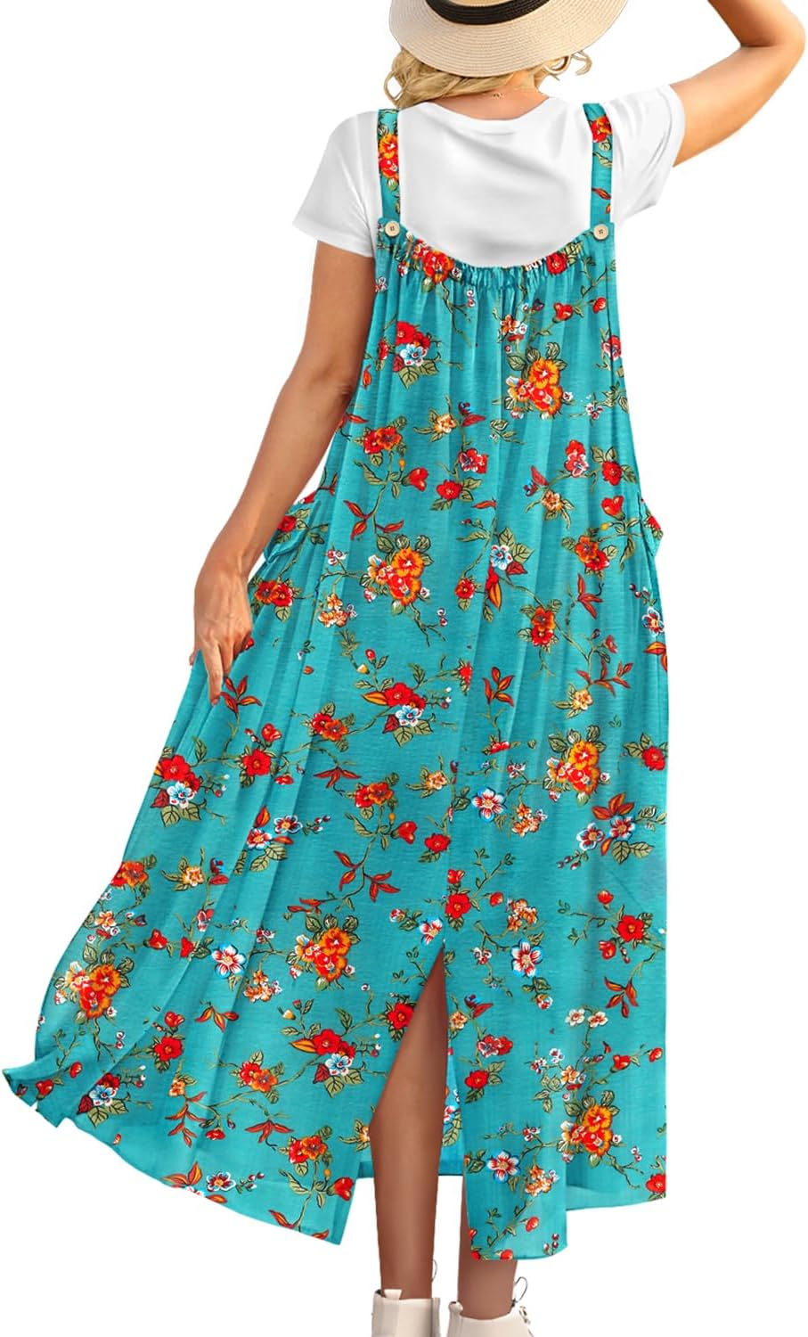 YESNO Casual Maxi Overalls Dress for Women Fall Boho Floral Outfits Back Slit Jumper Dresses with Adjustable Straps EP6