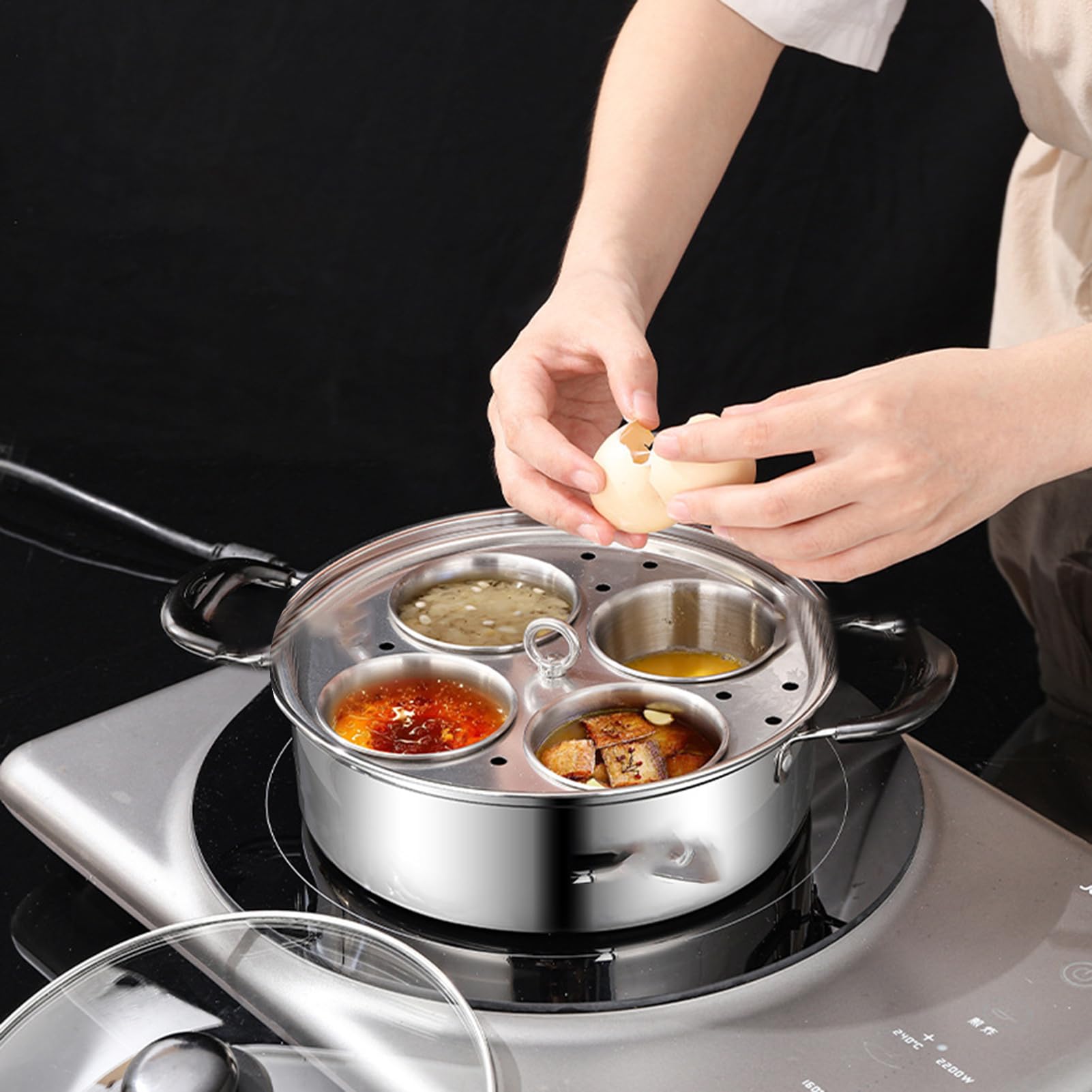 Escalfador de Huevos de Acero Inoxidable Cocedor De Huevos Y Sartén