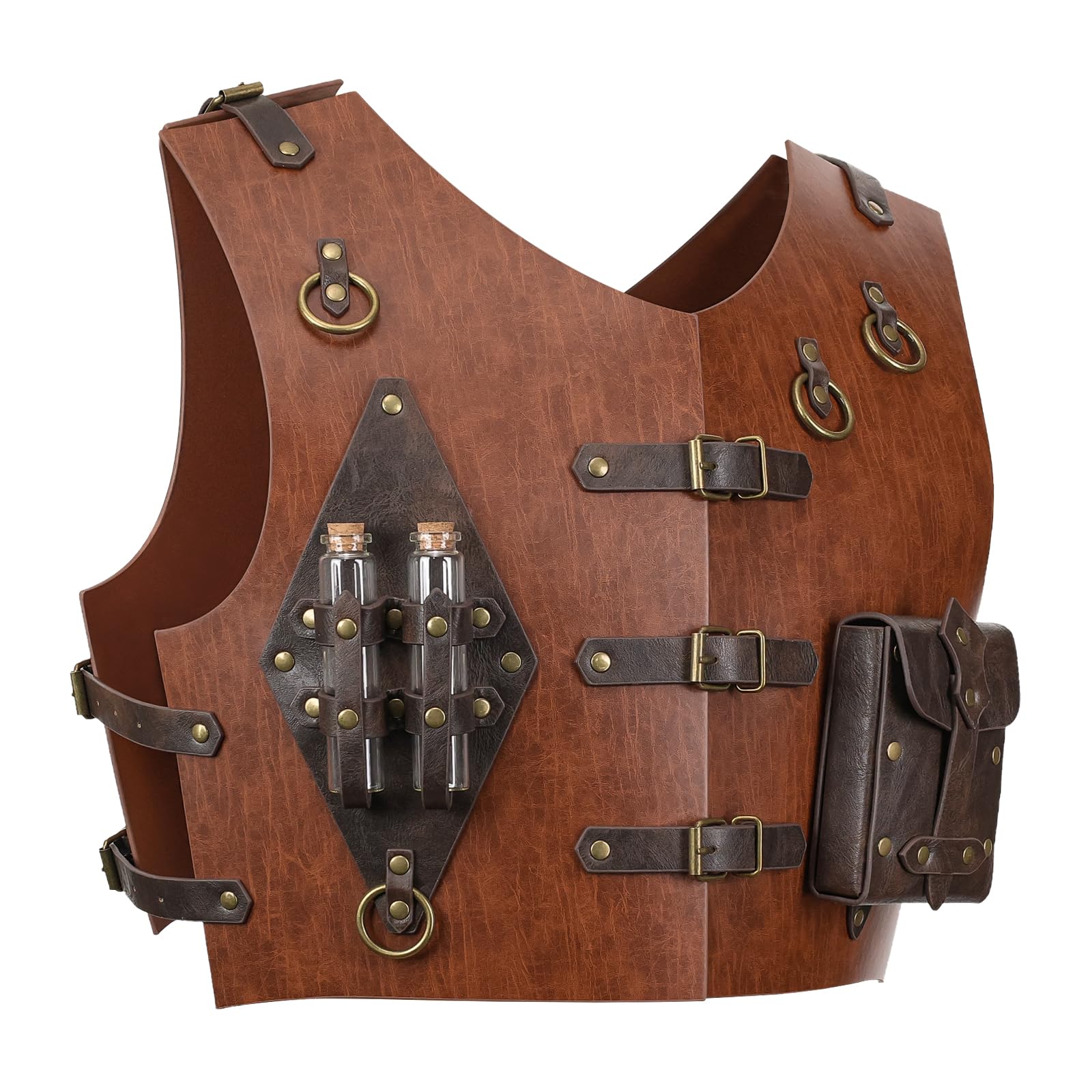 HiiFeuer Medieval Alchemy Adjustable Chest Armor, Faux Leather Studded Belt Pouch Potion Bottle, Wizard Vest Armour Ren Faire (Brown A)