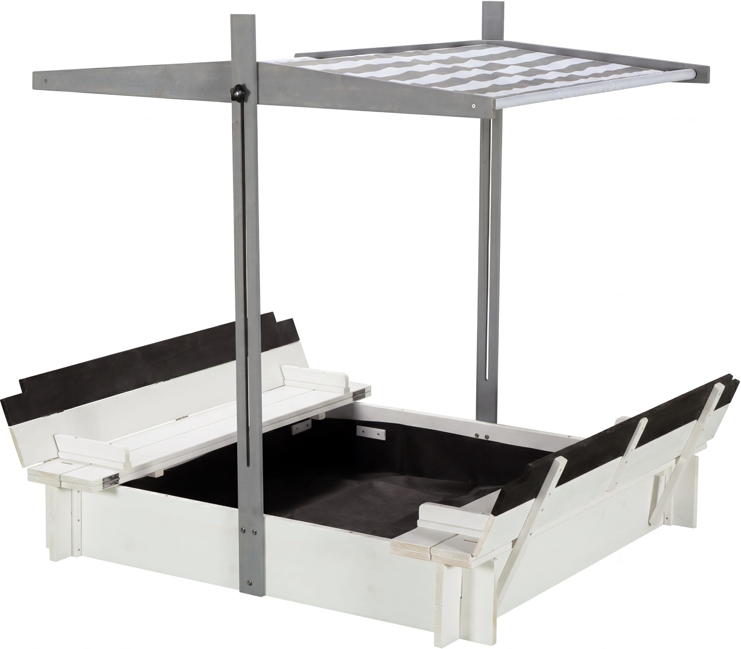 Arenero de diseño de madera con techo, cubierta y banco, caja de arena para niños con tapa plegable, protección solar UV, caja de arena cuadrada para jardín, parque infantil, 120 x 120 cm