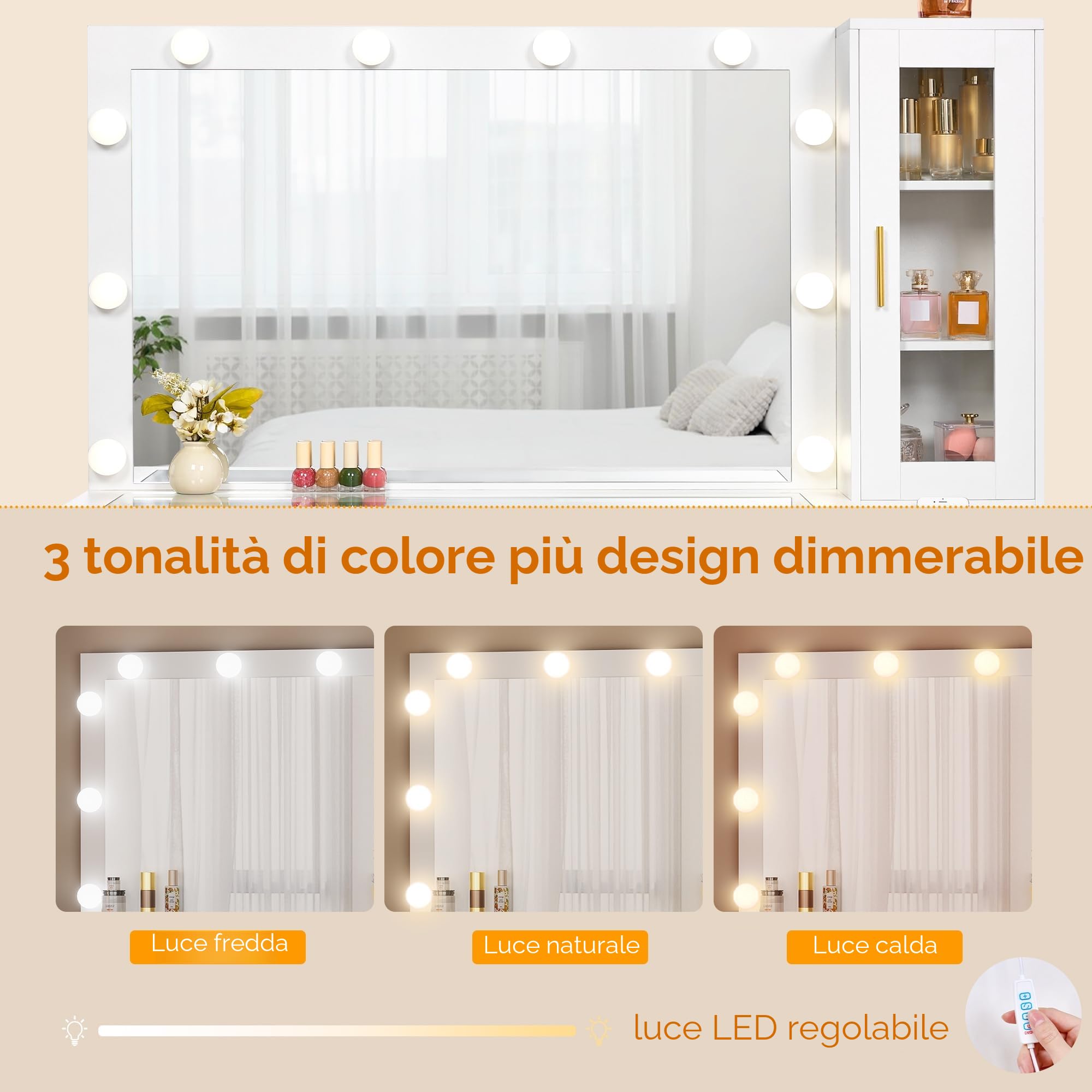 BEWISHOME Grande Toeletta da Trucco con Specchio e Luci,Luminosità Regolabile, Toeletta Trucco con Piano in Vetro,Tavolo da Trucco con Presa,5 Cassetti,per Camera da Letto Bianco EFST34W