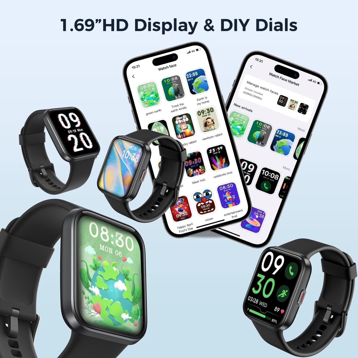 Multiple Vibeat Smart Watches displaying various customizable watch faces and app interface for selection.