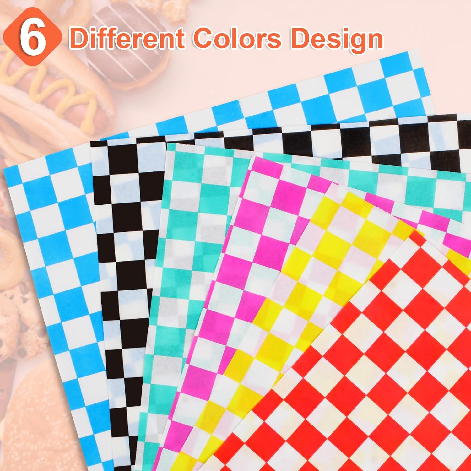 Ninsula Food Basket Liners 210P, 7x7 In Checkered Food Paper Sheets, 6 Colors Basket Liners for Food Serving, Wax Deli Paper Sheets for Food, Sandwich, BBQ, Picnic, Party